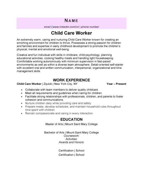 Child Care Worker Resume Example & 3 Expert Tips ZipJob