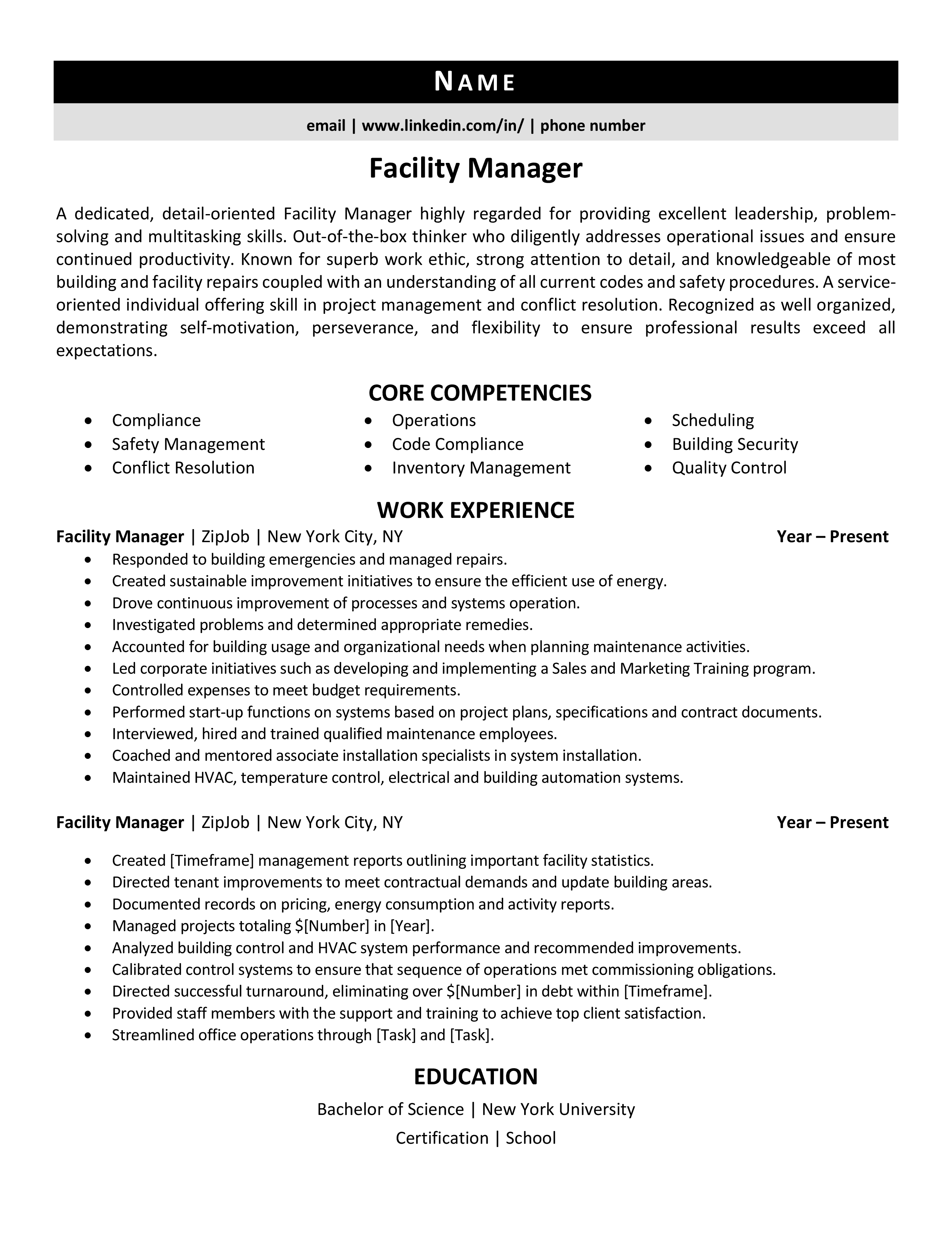 Resume For Facility Manager TracyMateo Blog   Facility Manager Resume Example 1 