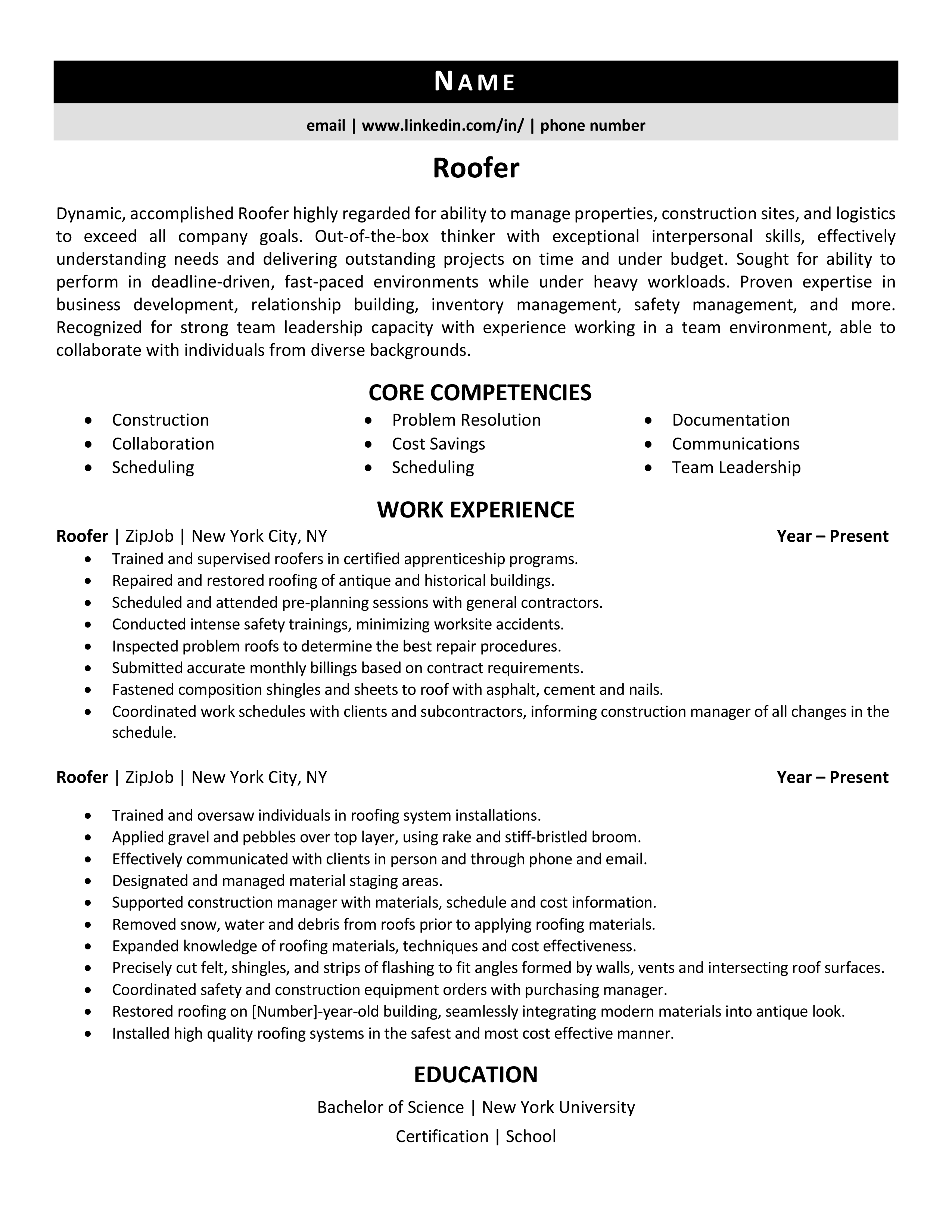 Roofer Resume Example amp Guide - Roofer Resume Example 1