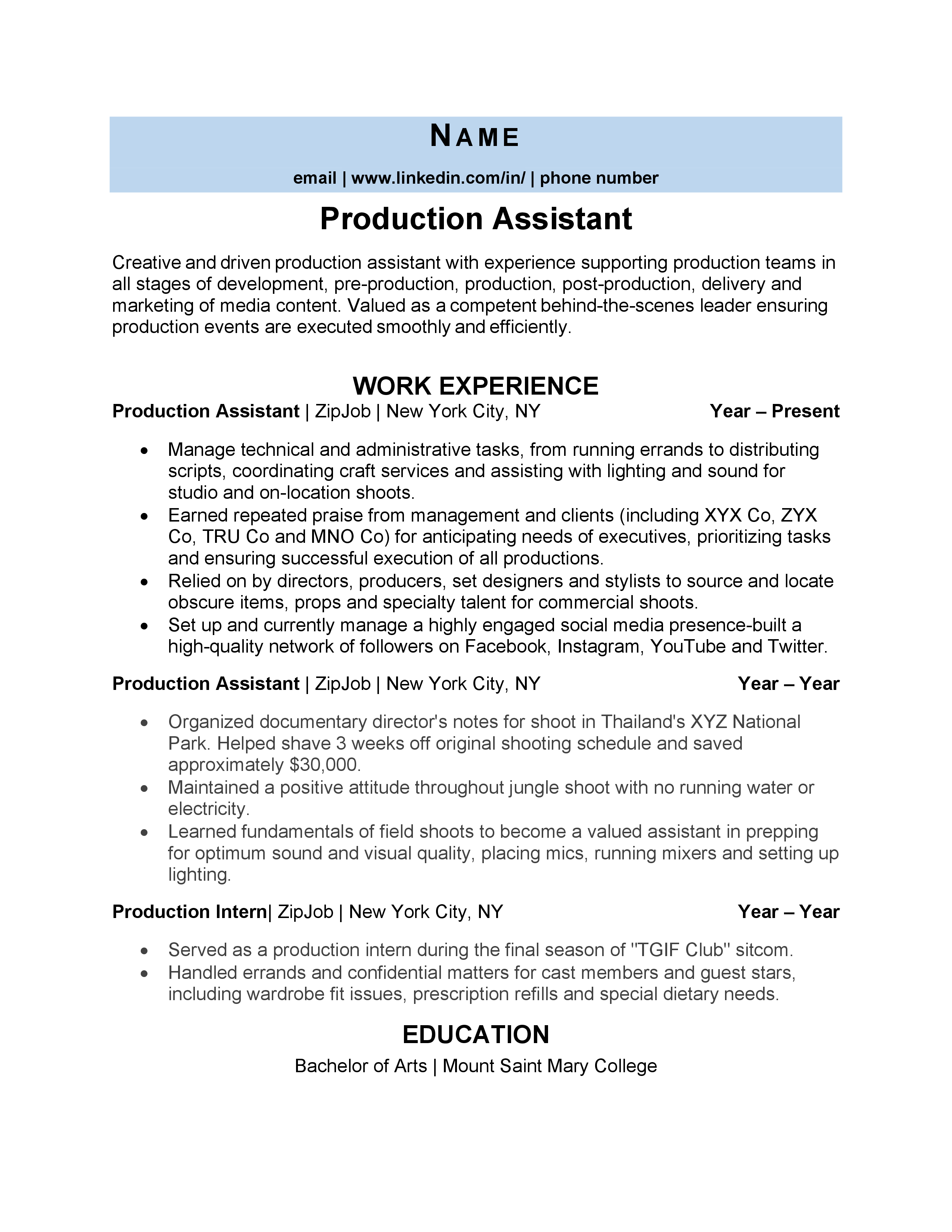 Production Assistant Resume Example Guide ZipJob
