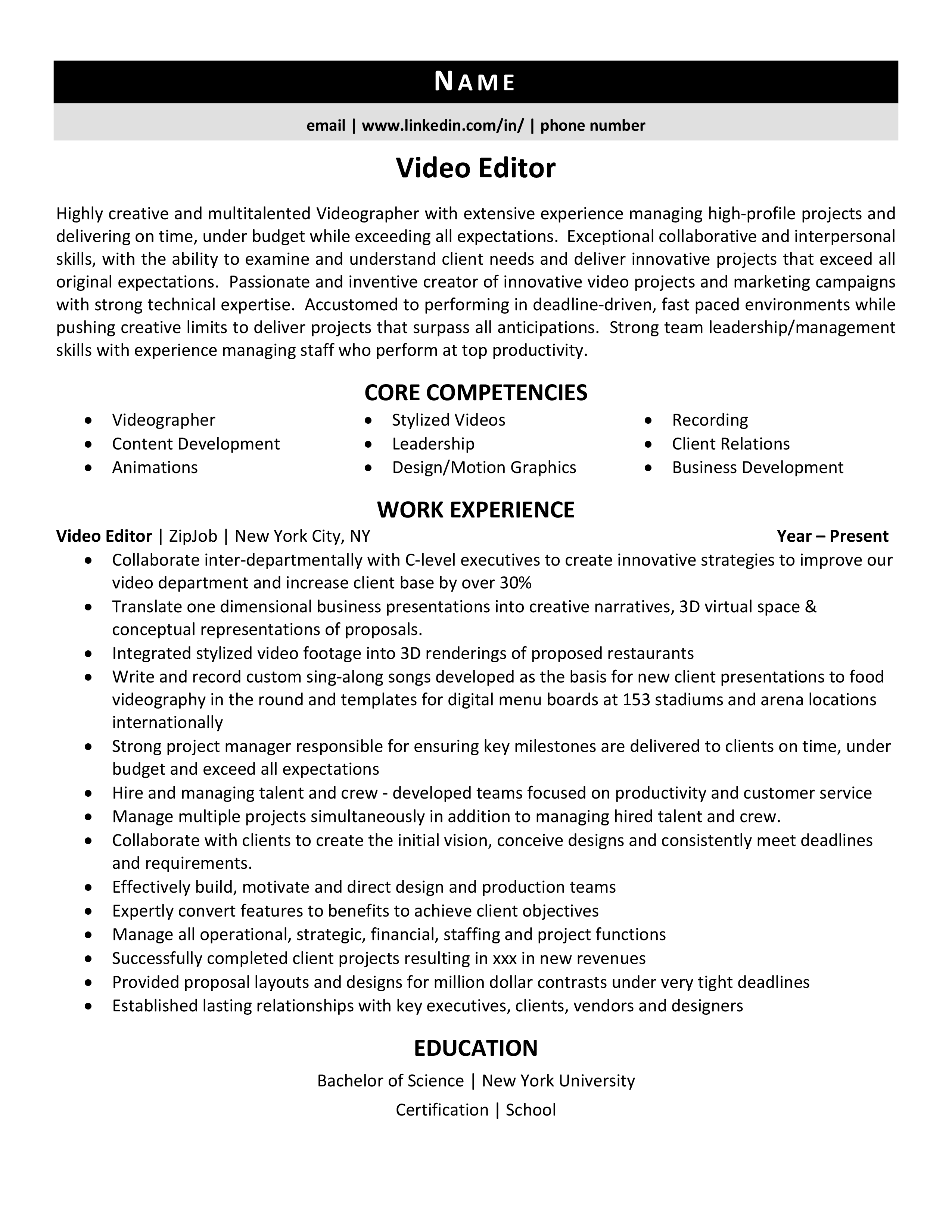 Video Editor Resume Example 1