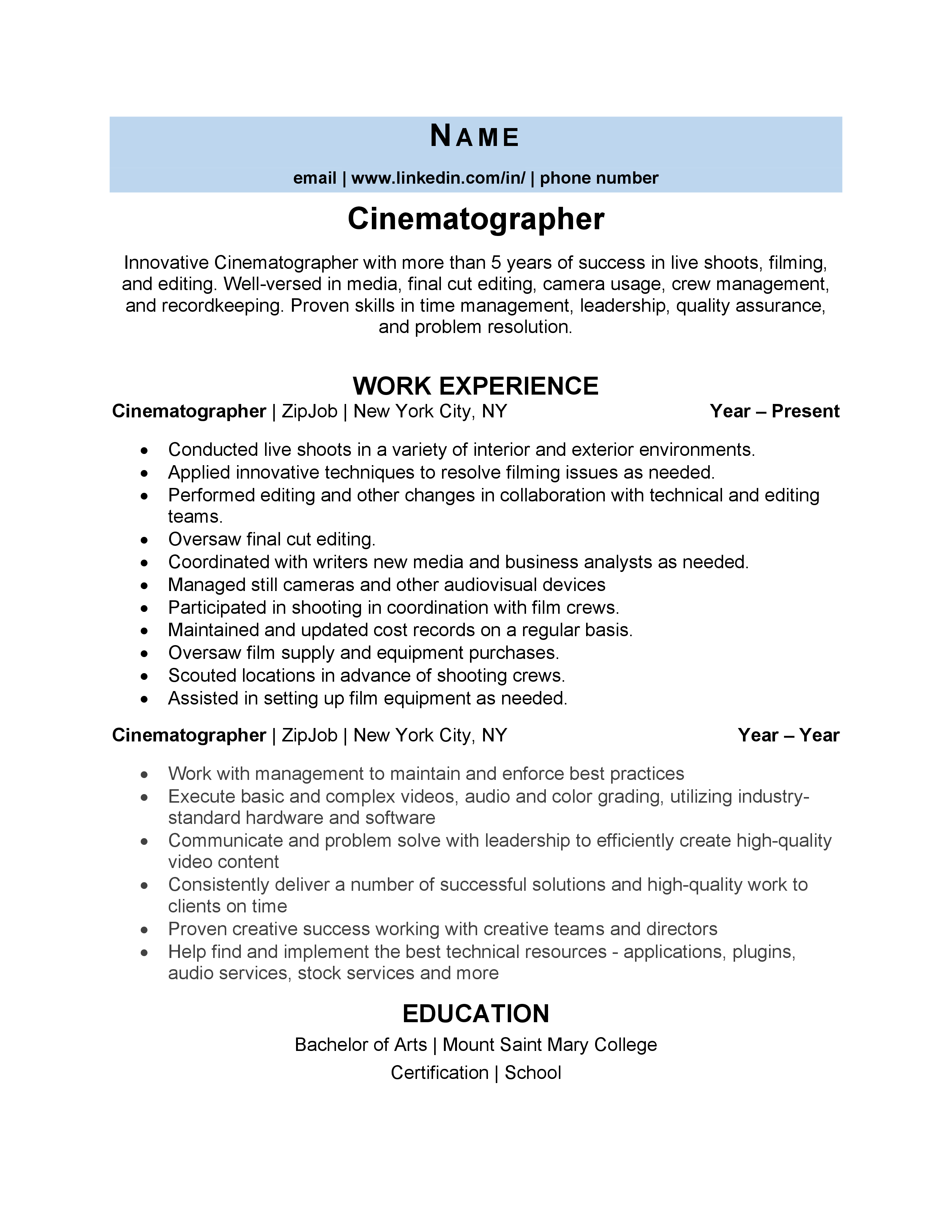 Cinematographer Resume Example - Cinematographer Resume