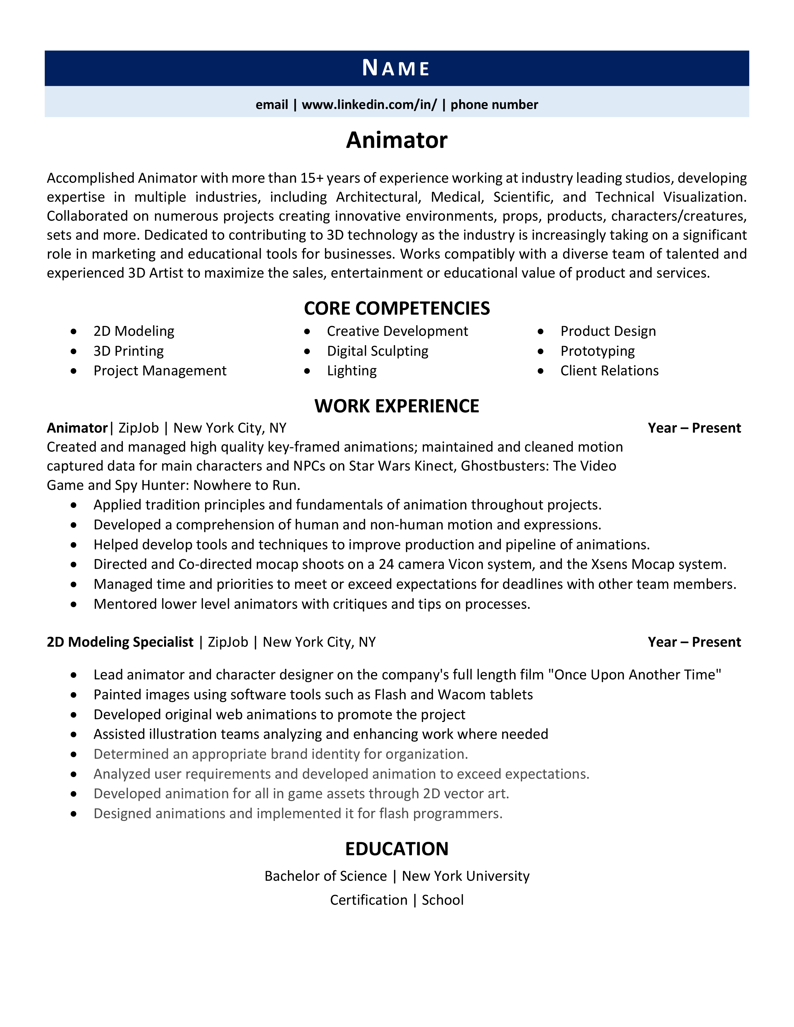 Animator Resume Example amp Guide - Animator Resume Example 1 