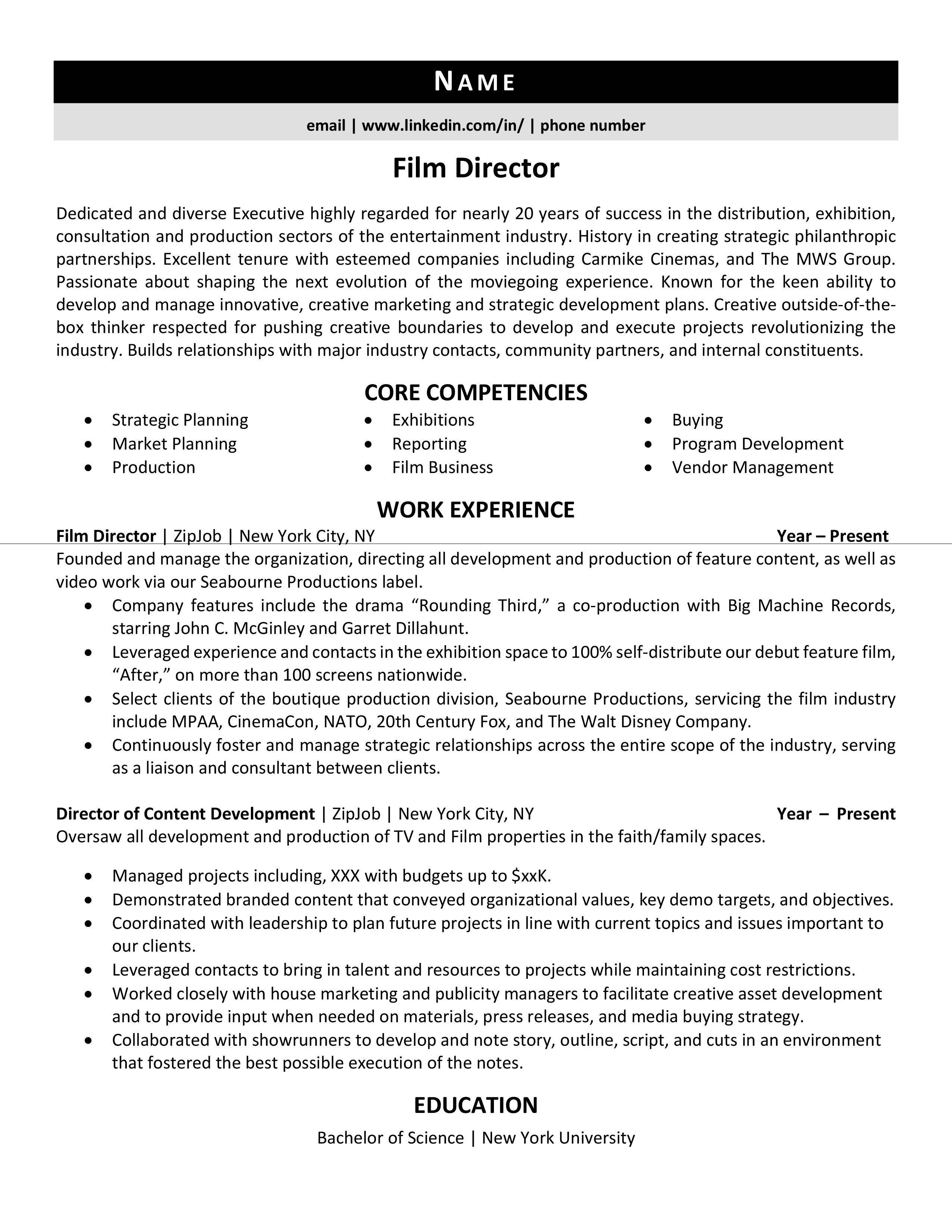 Film Director Resume Example Guide ZipJob   Film Director Resume Example 1 