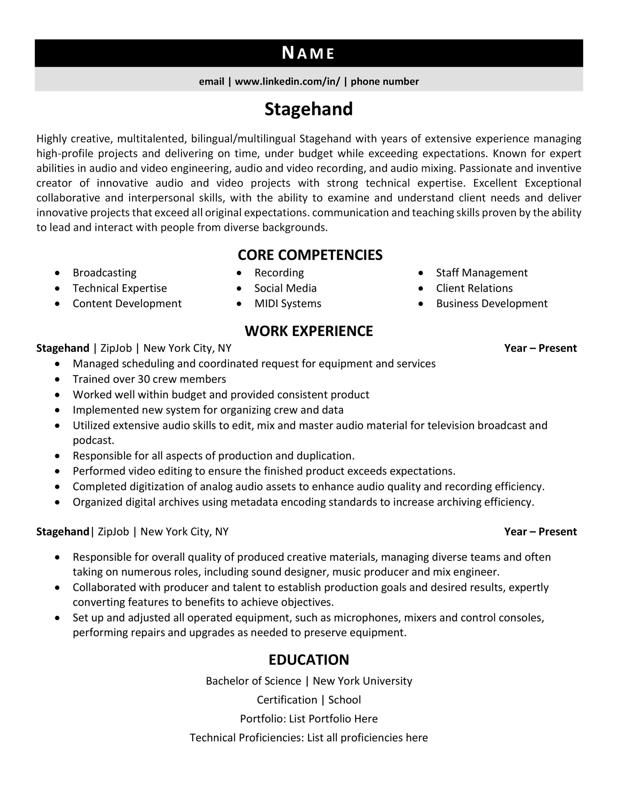 Stagehand Resume Example 3 Expert Tips ZipJob stagehand-resume-example-3-expert-tips-zipjob