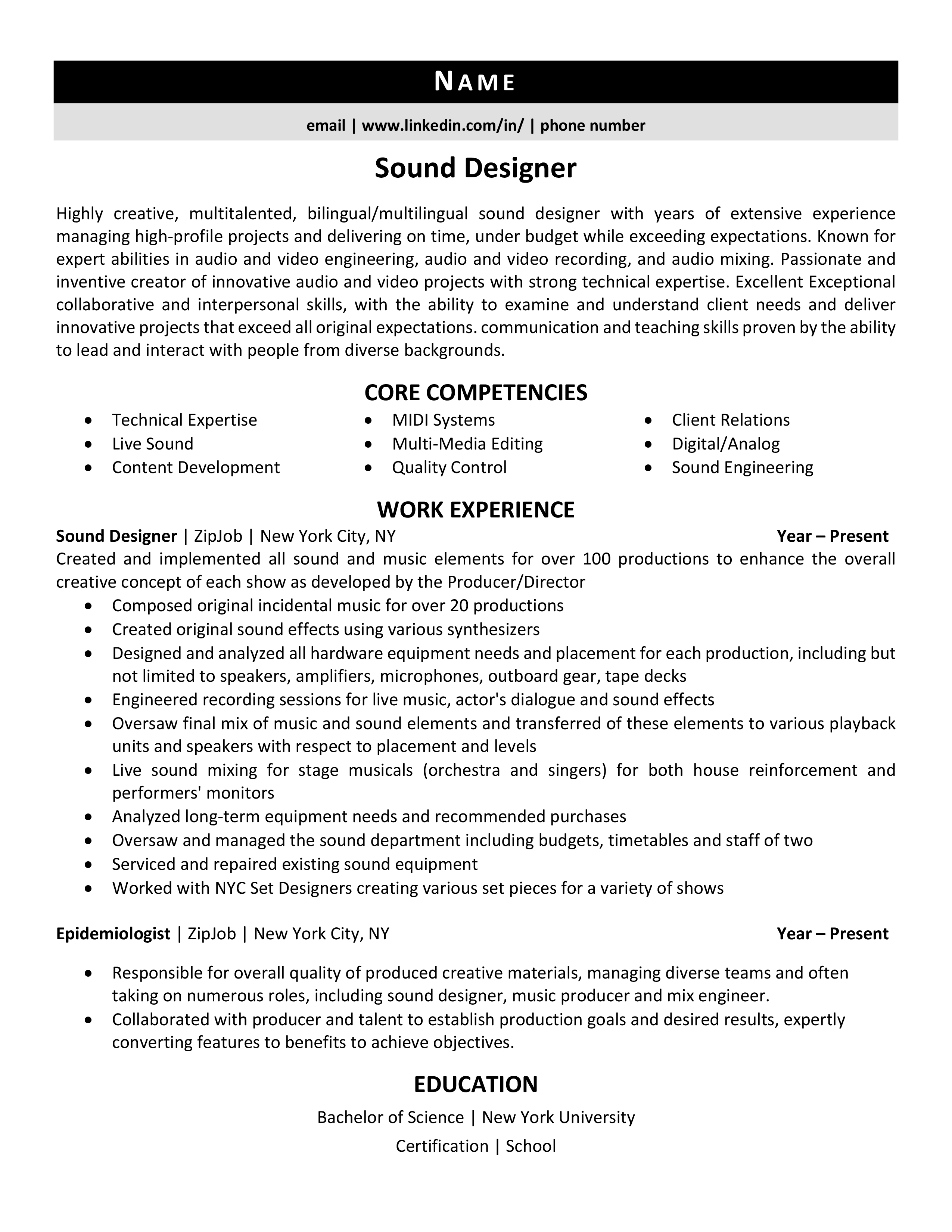 Sound Designer Resume Example, Tips & Tricks ZipJob