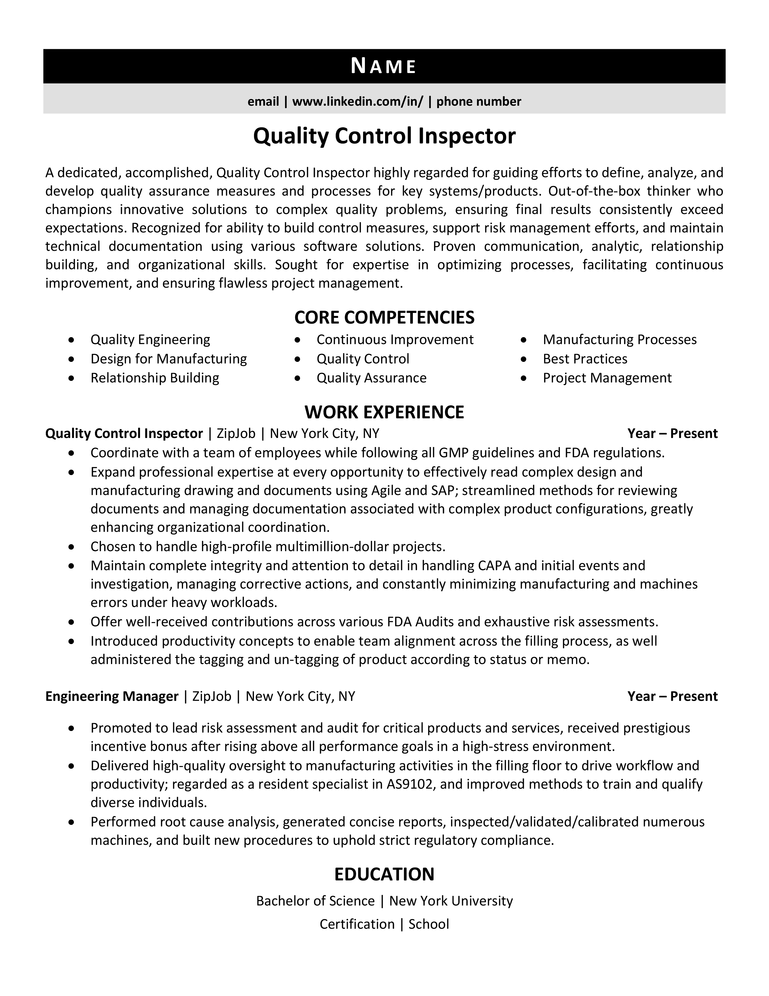 Quality Control Job Description Resume Myghawk   Quality Control Inspector Resume Example 1 