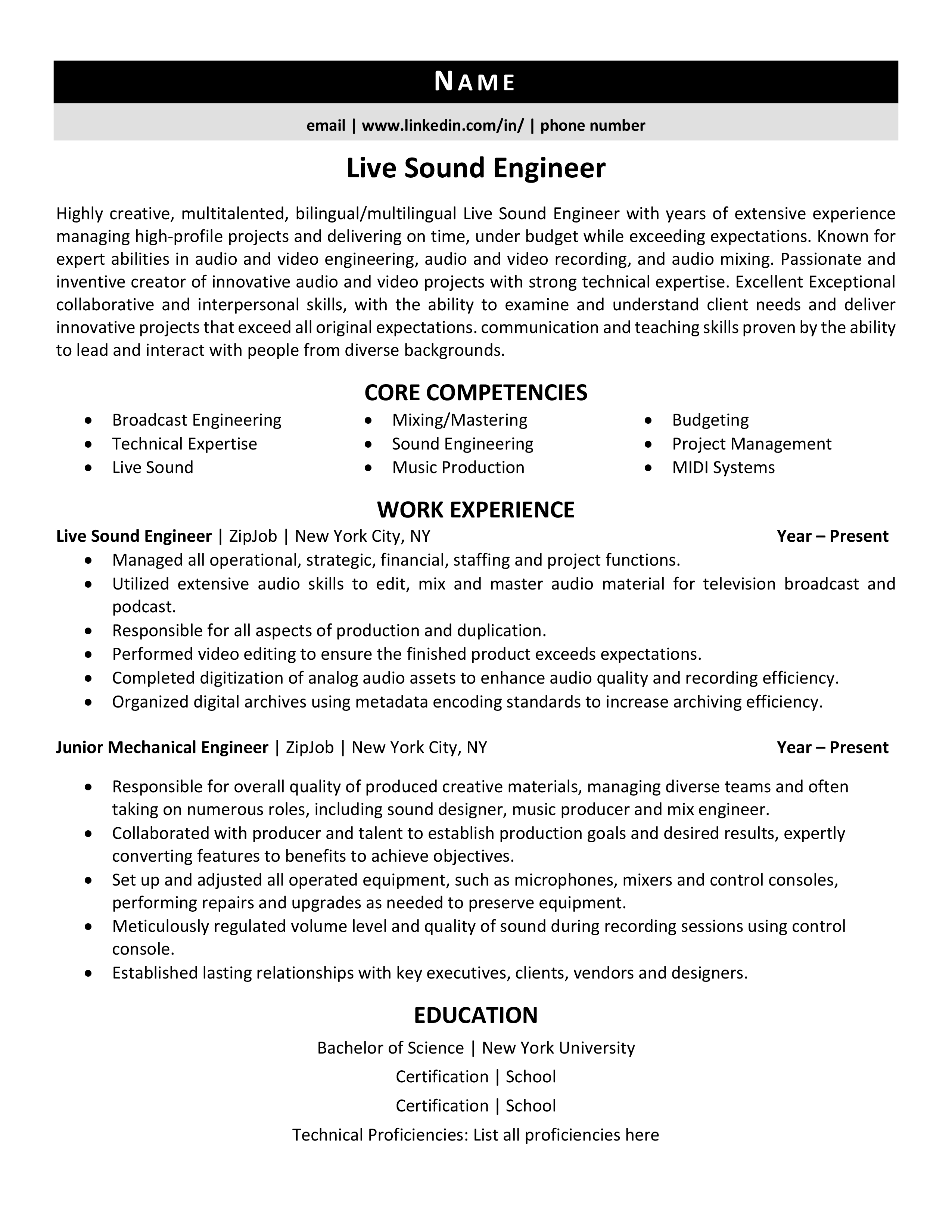 Live Sound Engineer Resume Example & Guide ZipJob