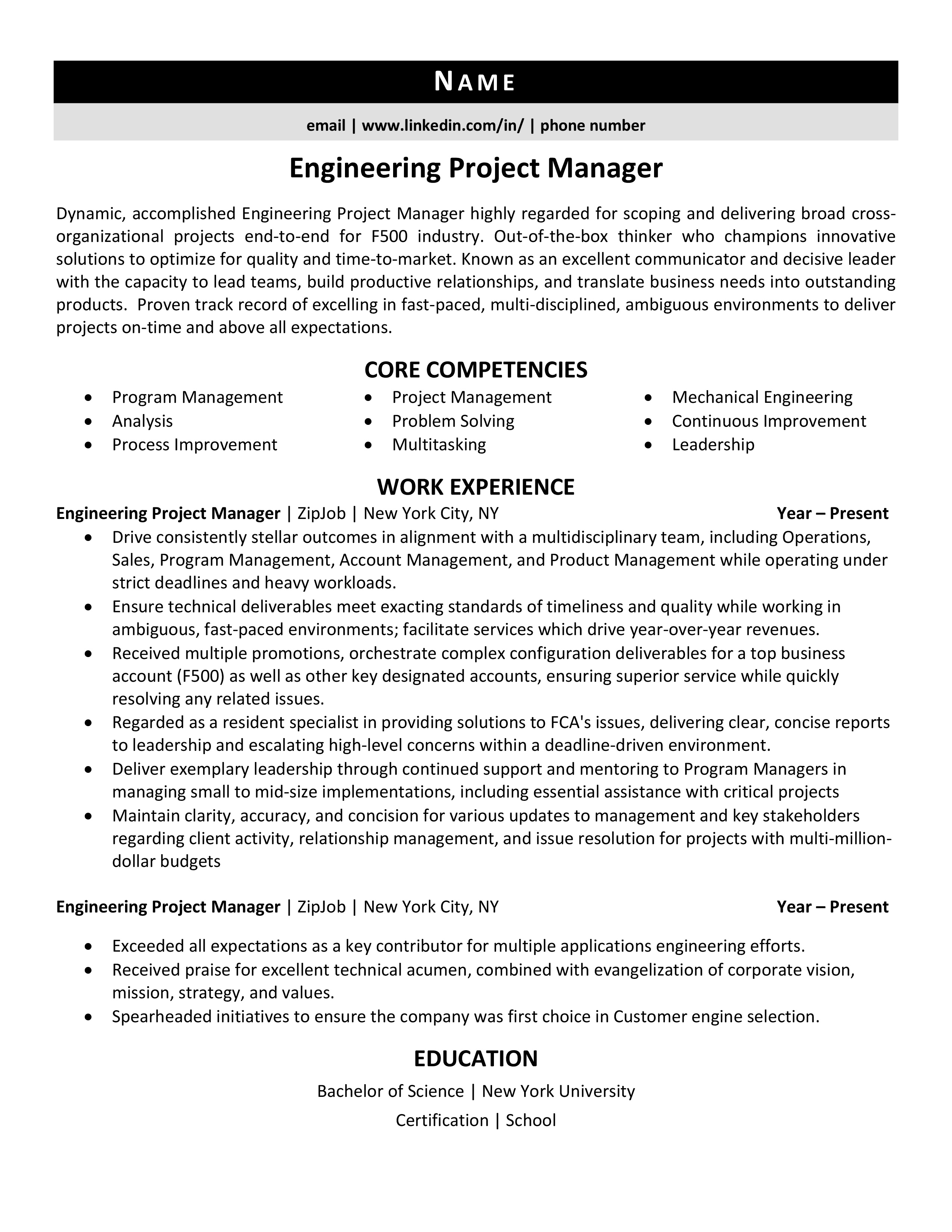 Engineering Project Manager Resume Examples 3 Expert Tips Zipjob