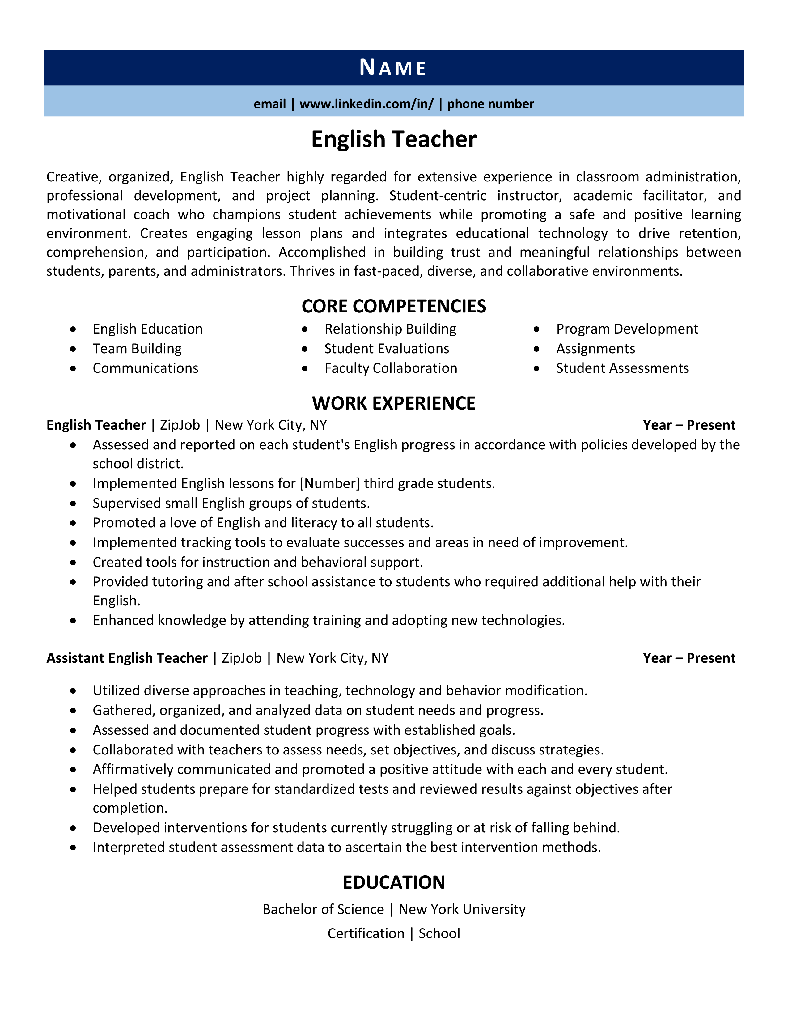 English Teacher Resume Examples 3 Expert Tips Zipjob