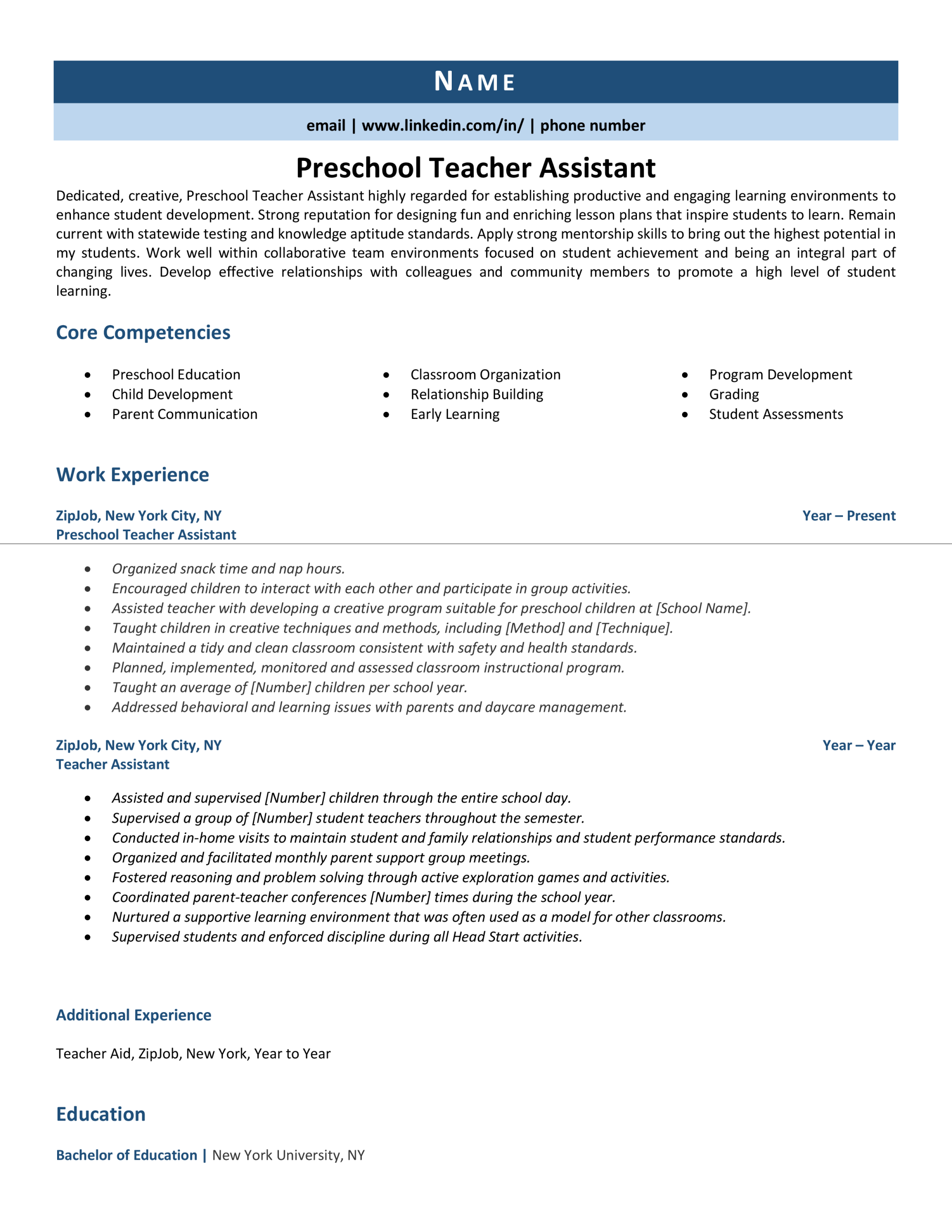 free resume templates for teacher assistants