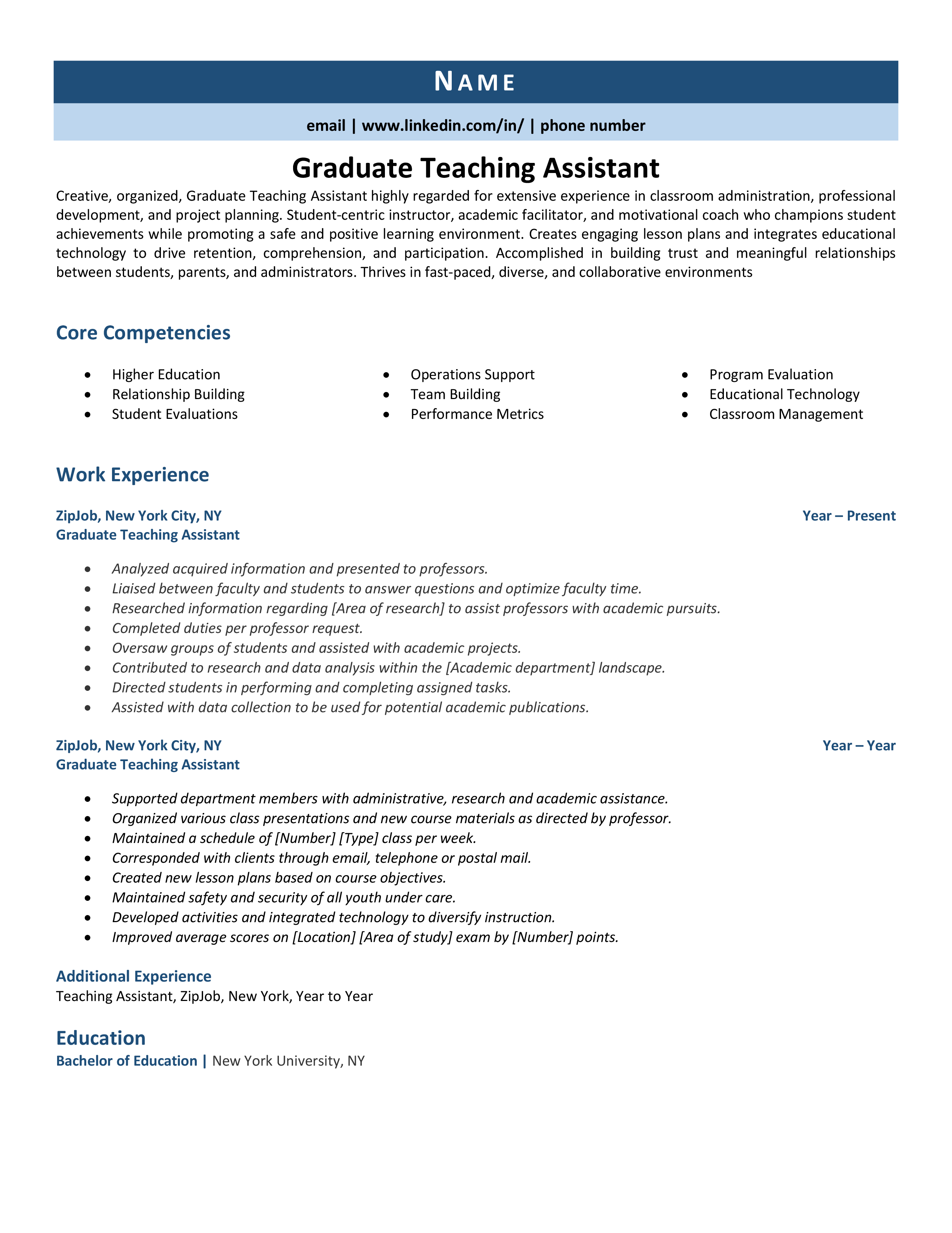 resume for teaching graduate