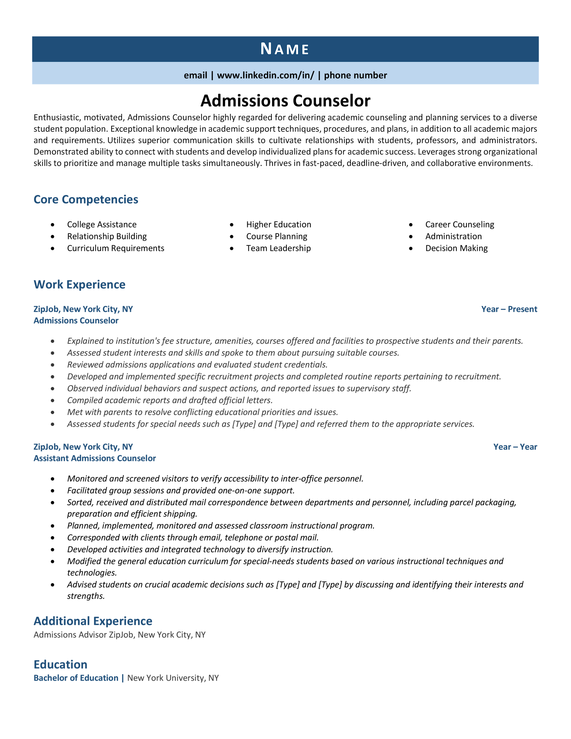 Admission Counselor Resume Sample