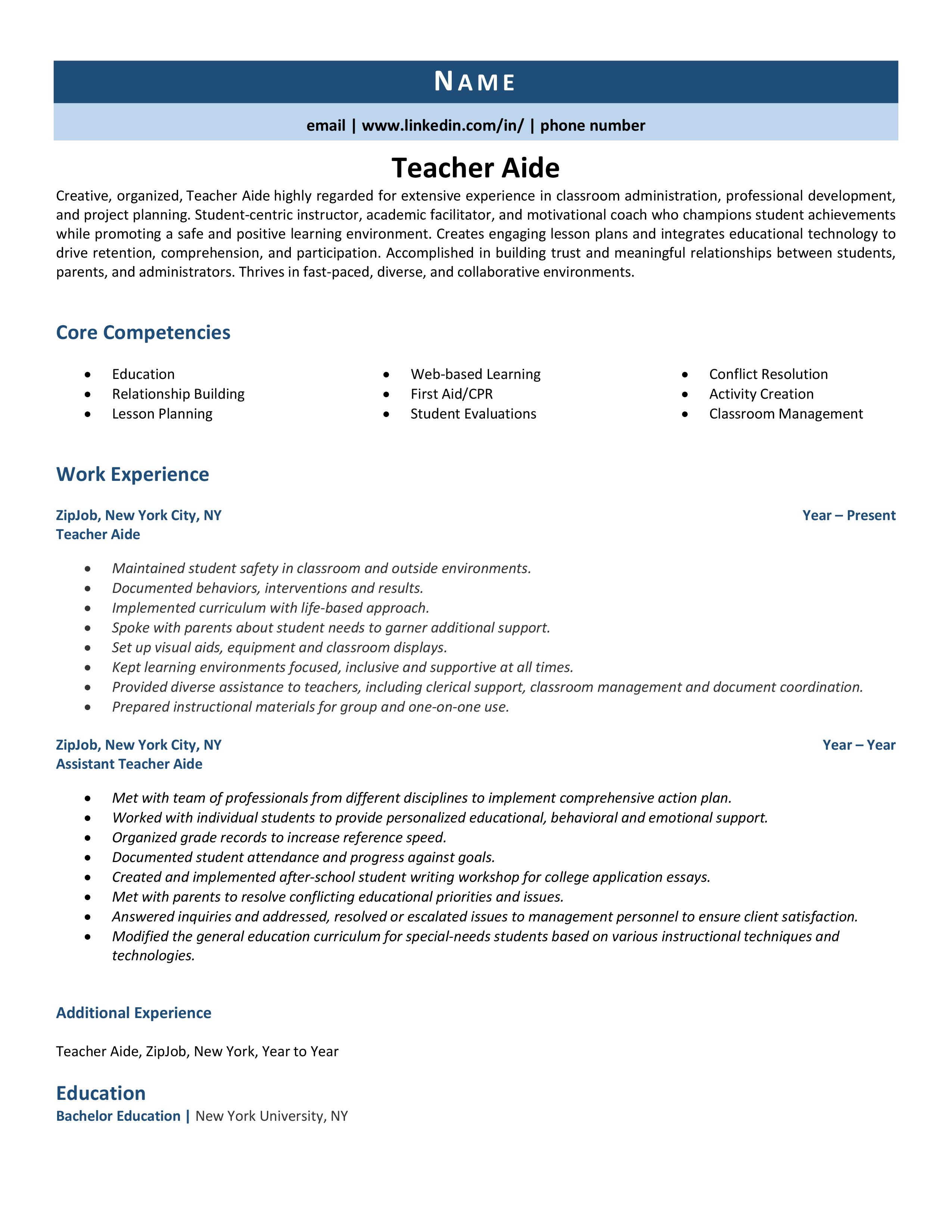 Teacher Aide Resume Example Guide ZipJob   Teacher Aide Resume 