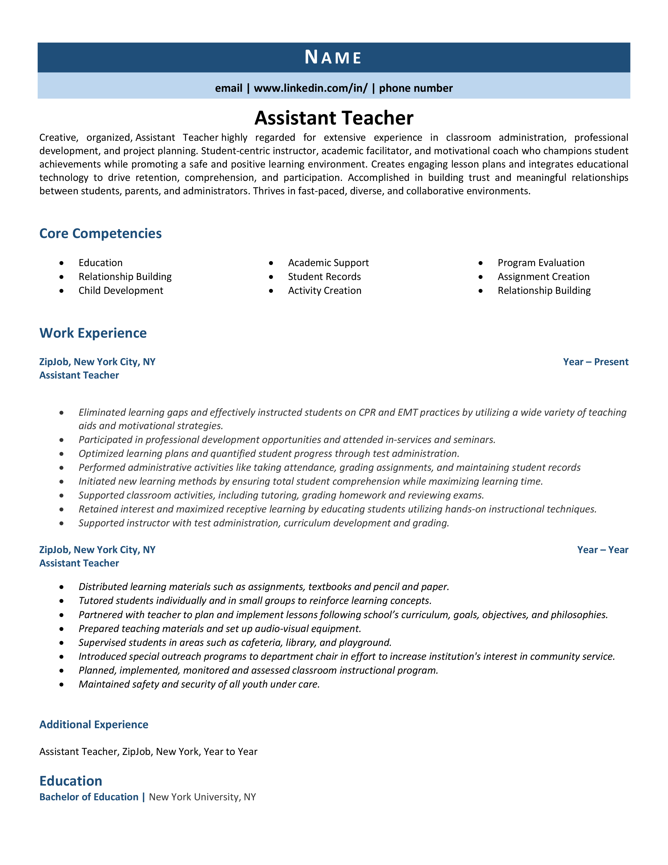 Assistant Teacher Resume Example Guide ZipJob   Assistant Teacher Resume 