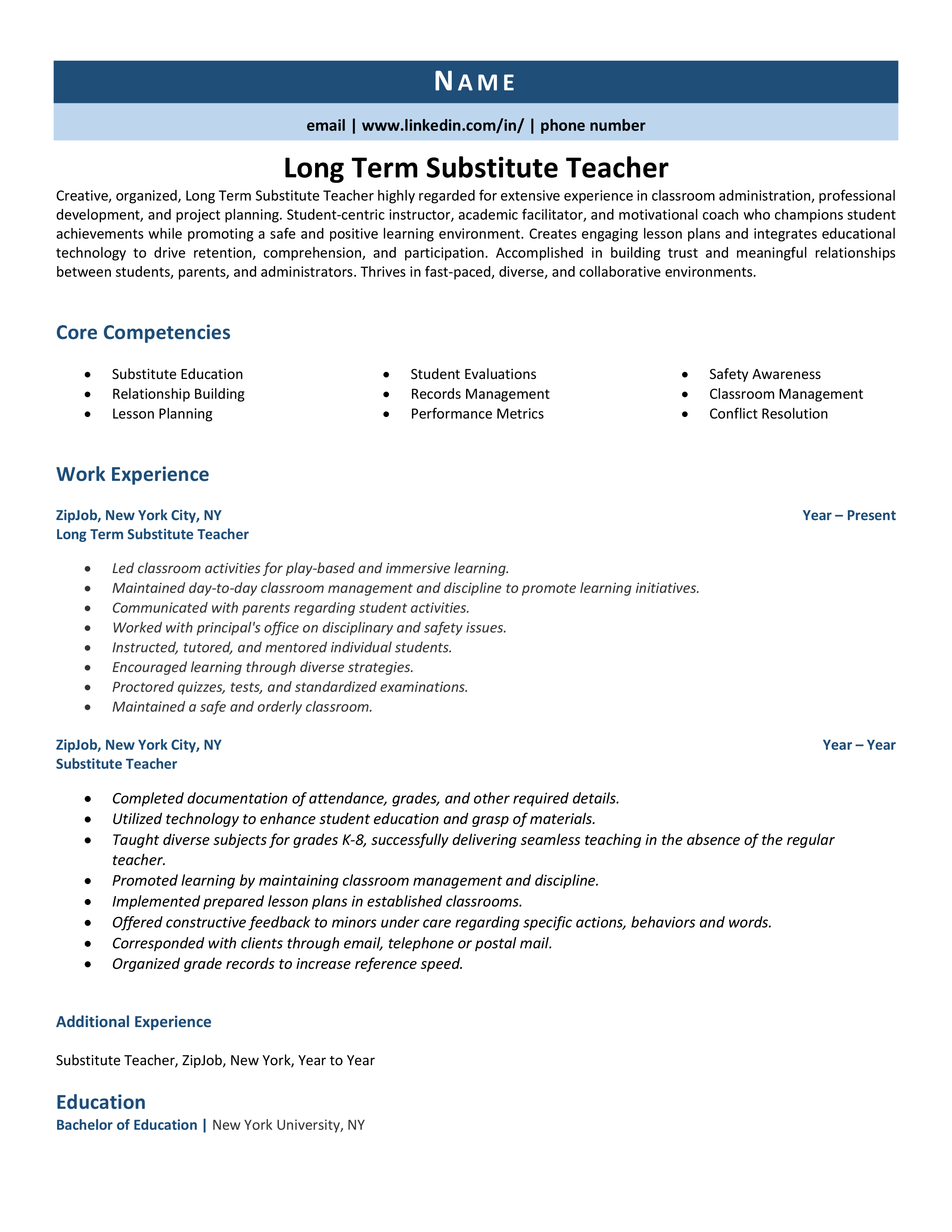 Long Term Substitute Teacher Resume Example & Guide | ZipJob