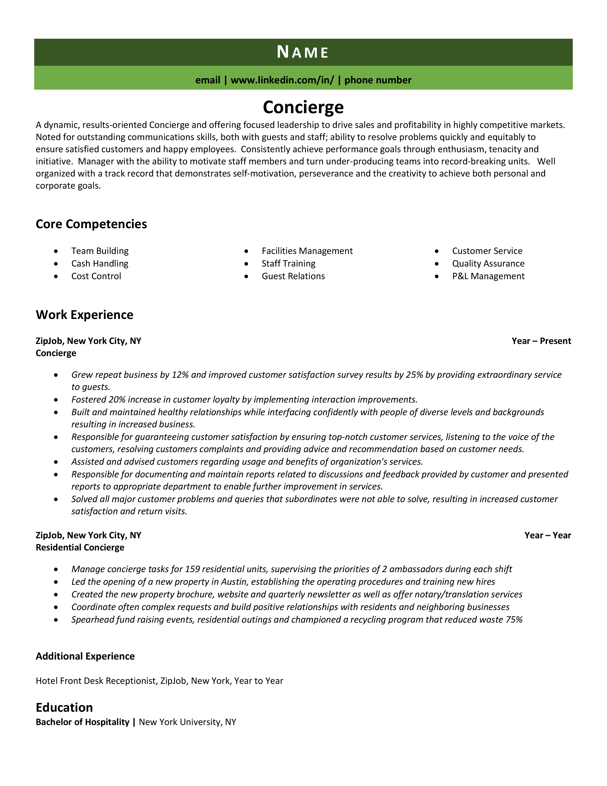 Concierge Resume Example & Guide ZipJob