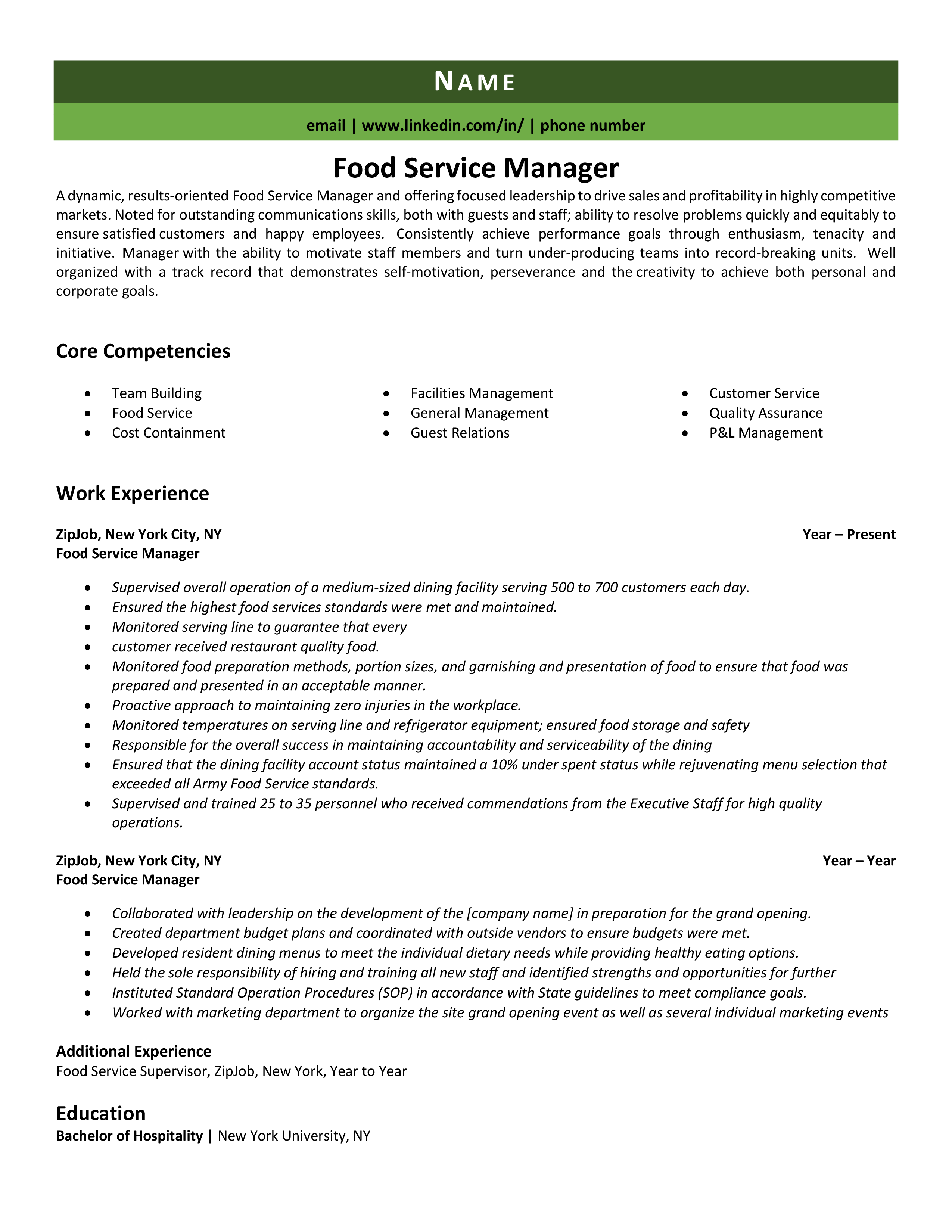 Food Service Manager Resume Example Guide ZipJob   Food Service Manager Resume 