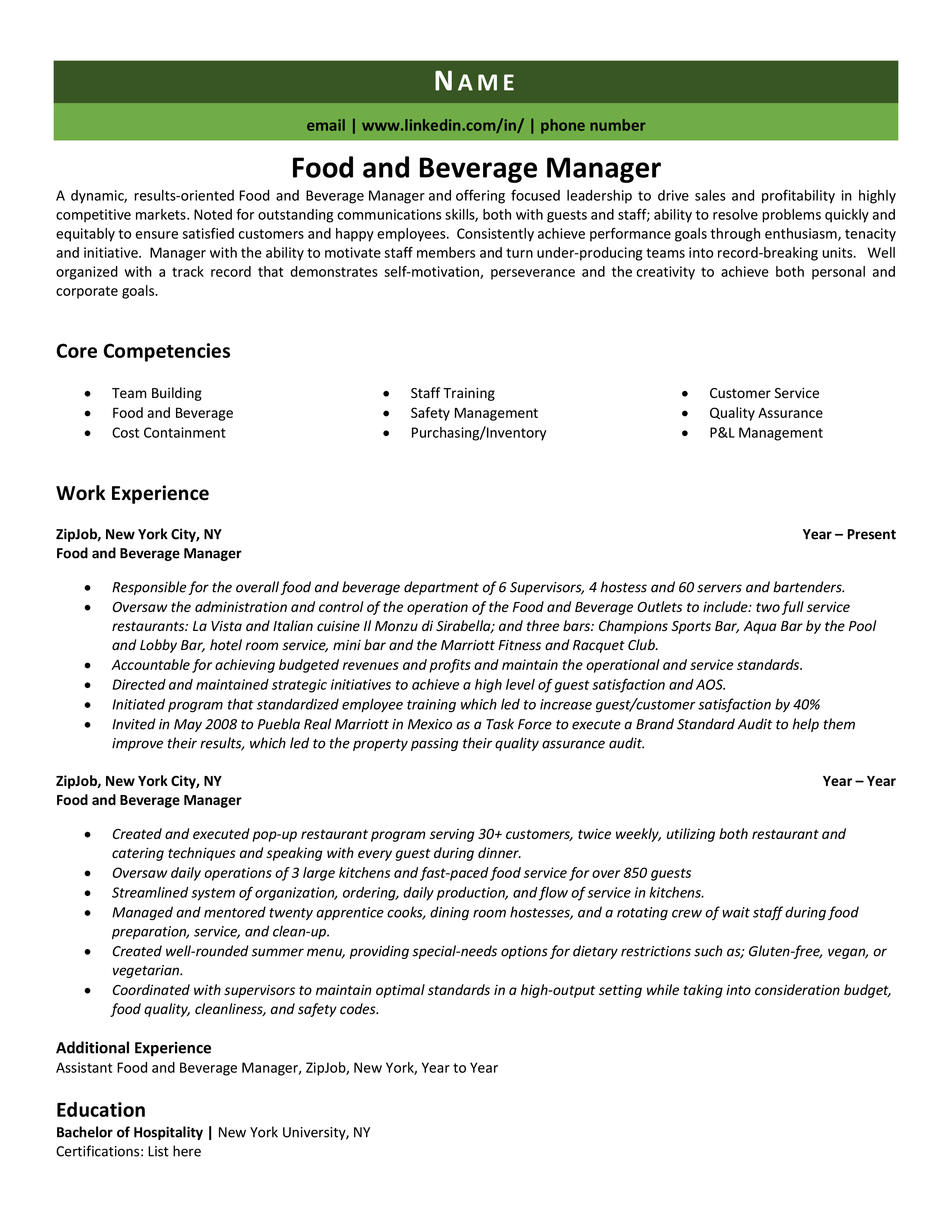 Food And Beverage Manager Resume Example & Guide | ZipJob