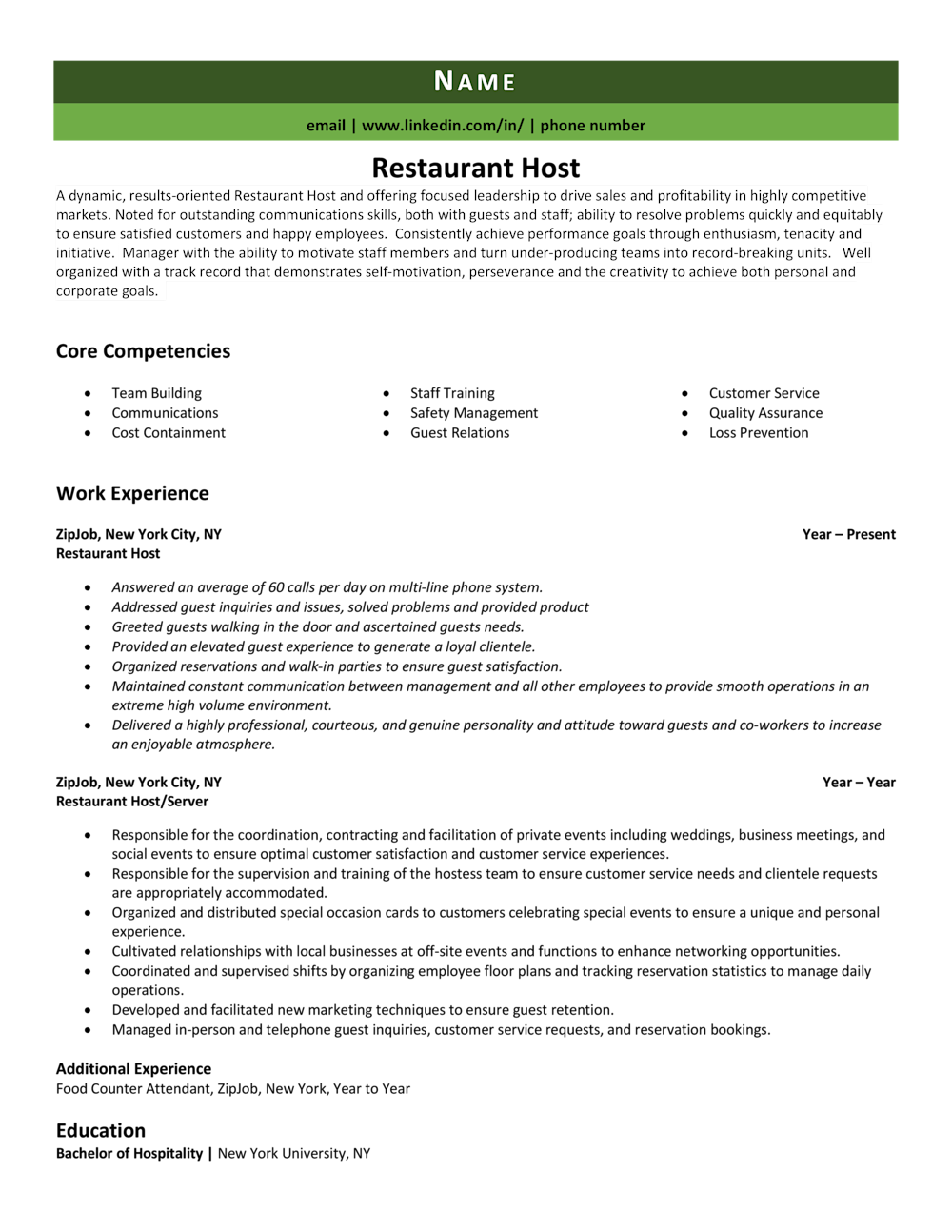Restaurant Host Resume Example Guide ZipJob restaurant-host-resume-example-guide-zipjob