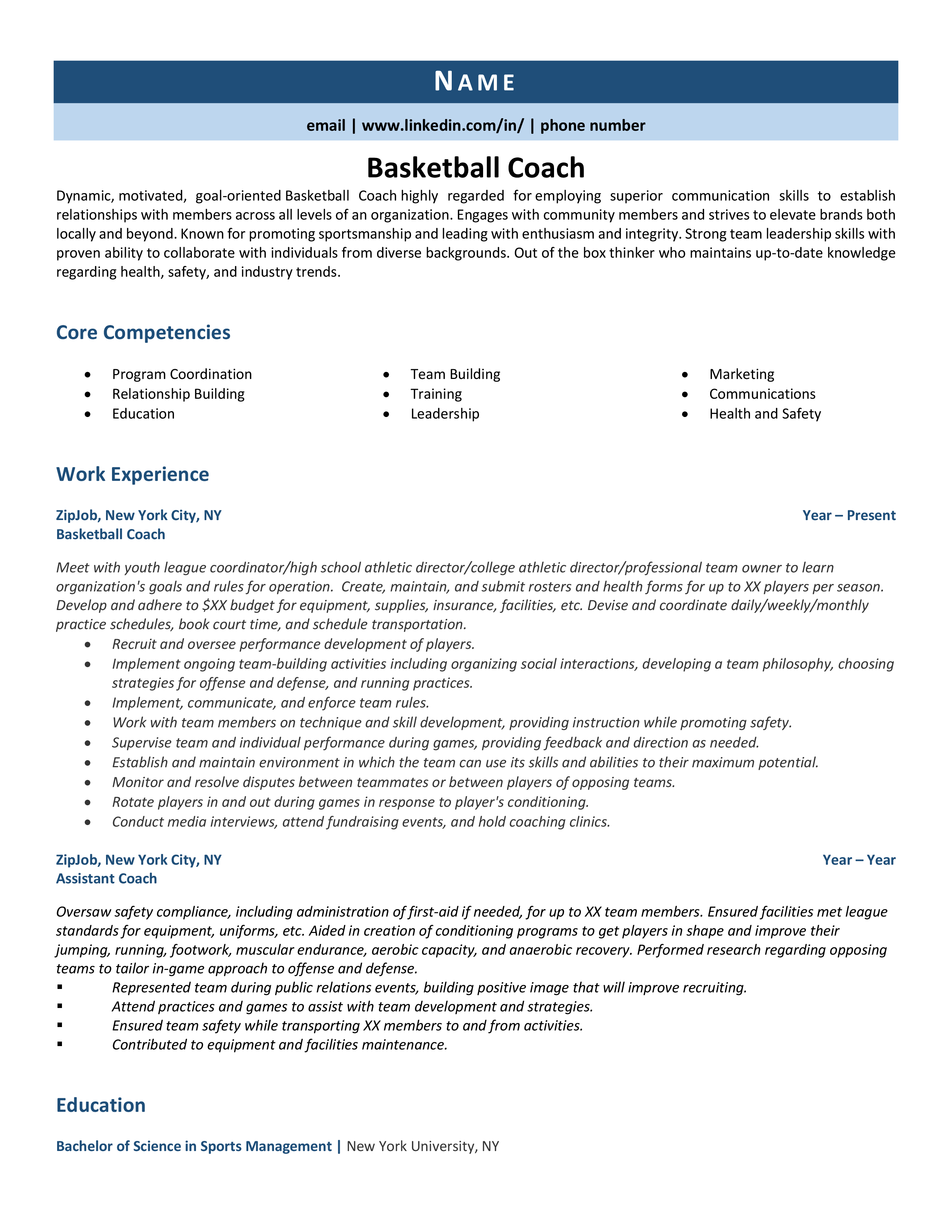 Basketball Coach Resume Example Guide ZipJob   Basketball Coach Resume 