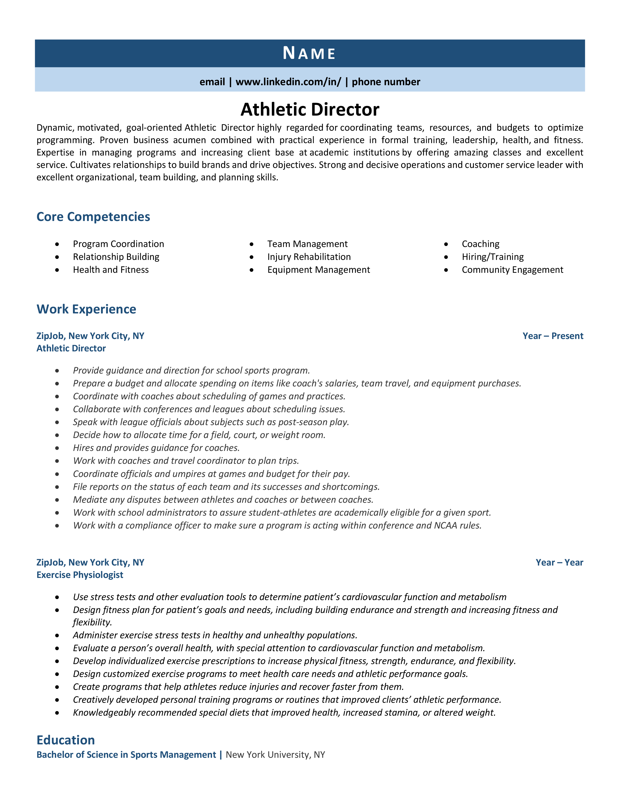 Athletic Director Resume Example Guide ZipJob   Athletic Director Resume 