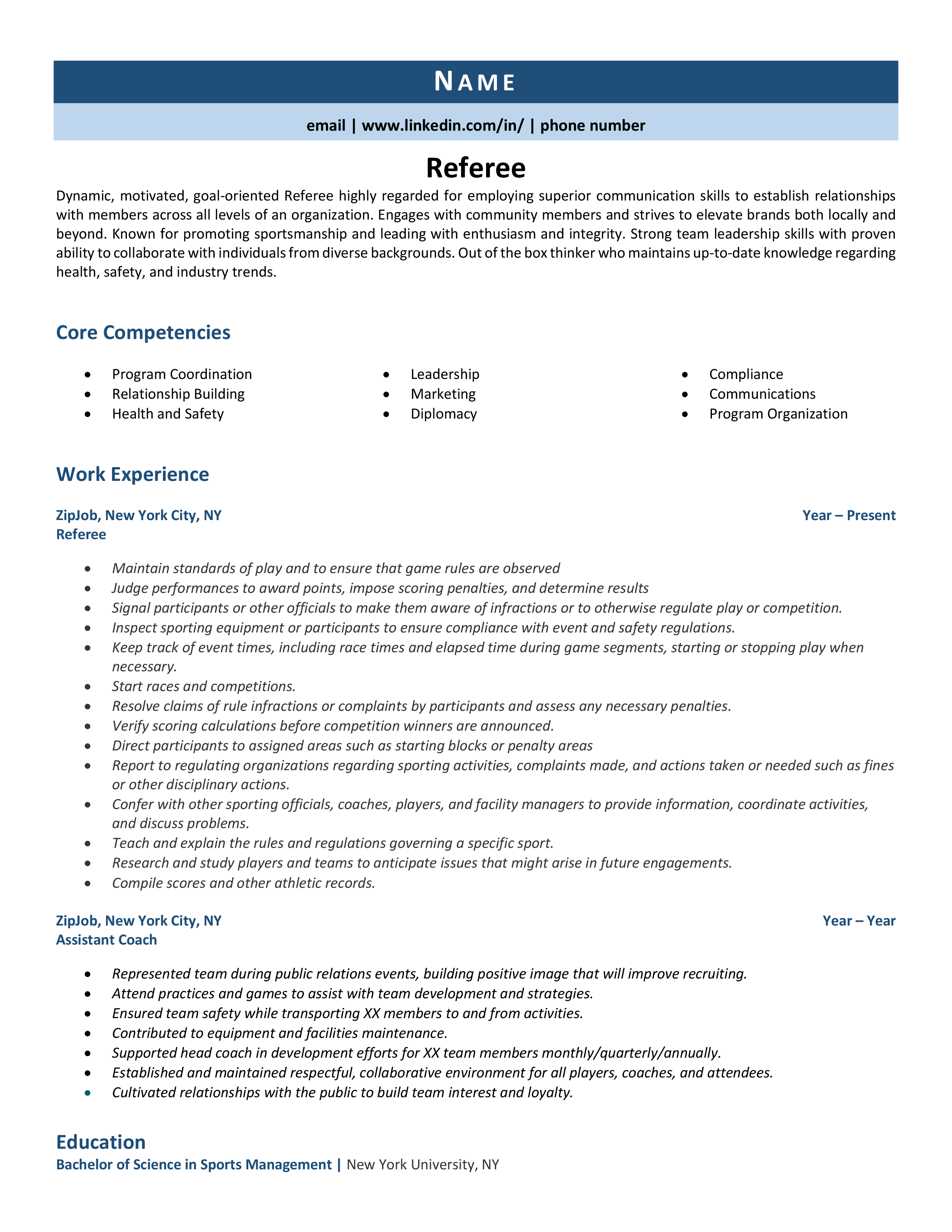 Referee Resume Example Guide ZipJob   Referee Resume 