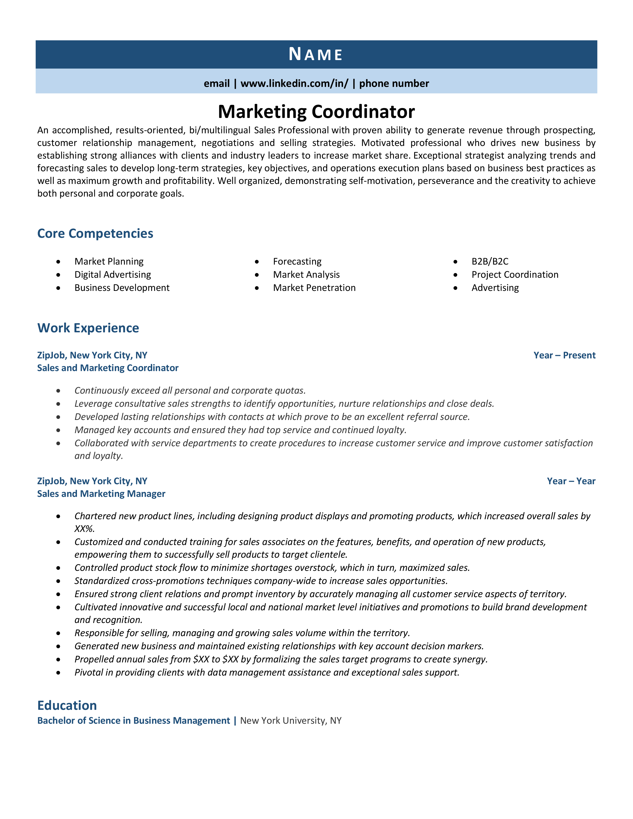 Marketing Coordinator Resume Example Guide ZipJob   Marketing Coordinator Resume 