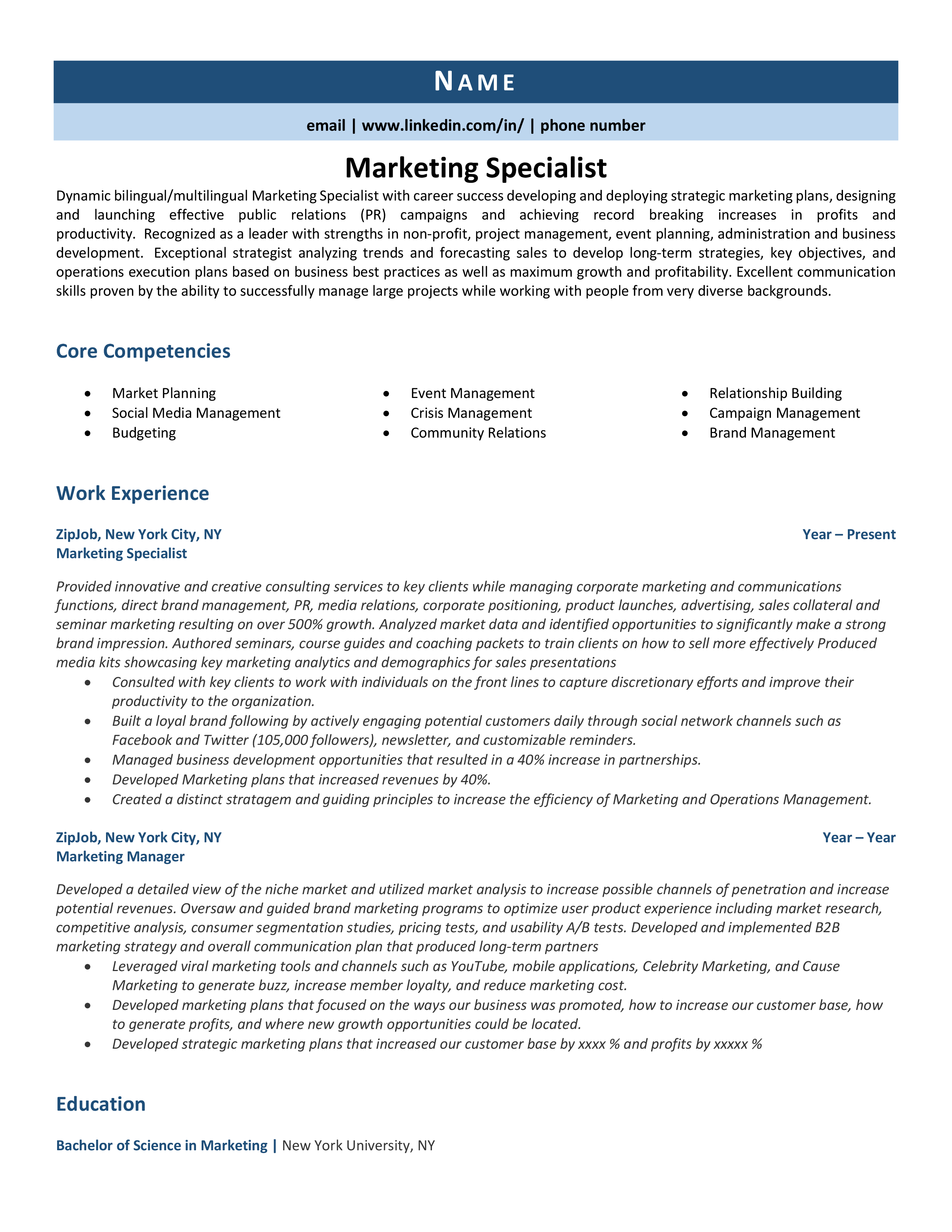 Marketing Specialist Resume Example Guide ZipJob   Marketing Specialist 