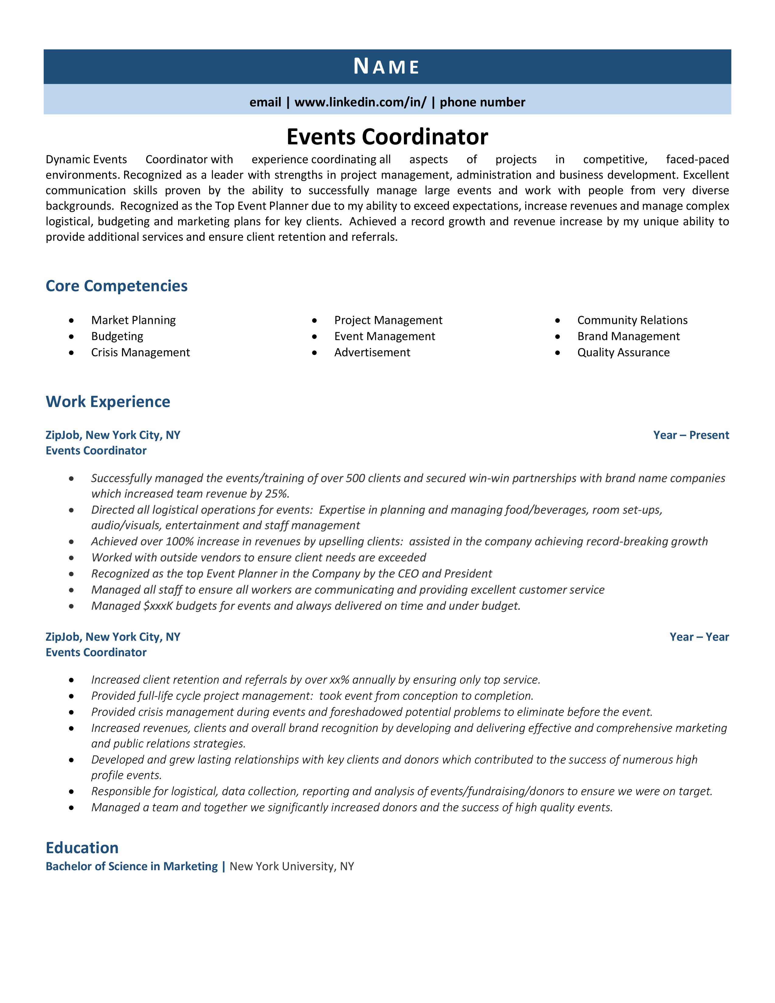 Events Coordinator Resume Example Guide ZipJob   Events Coordinator 