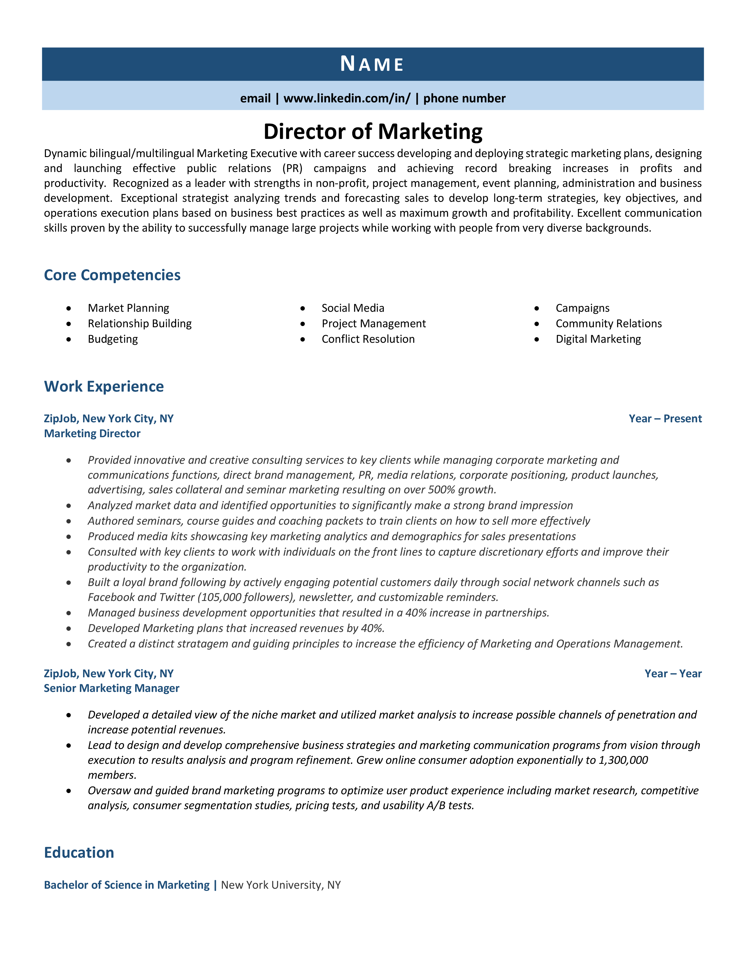 Director Of Marketing Resume Example Guide ZipJob   Director Of Marketing 