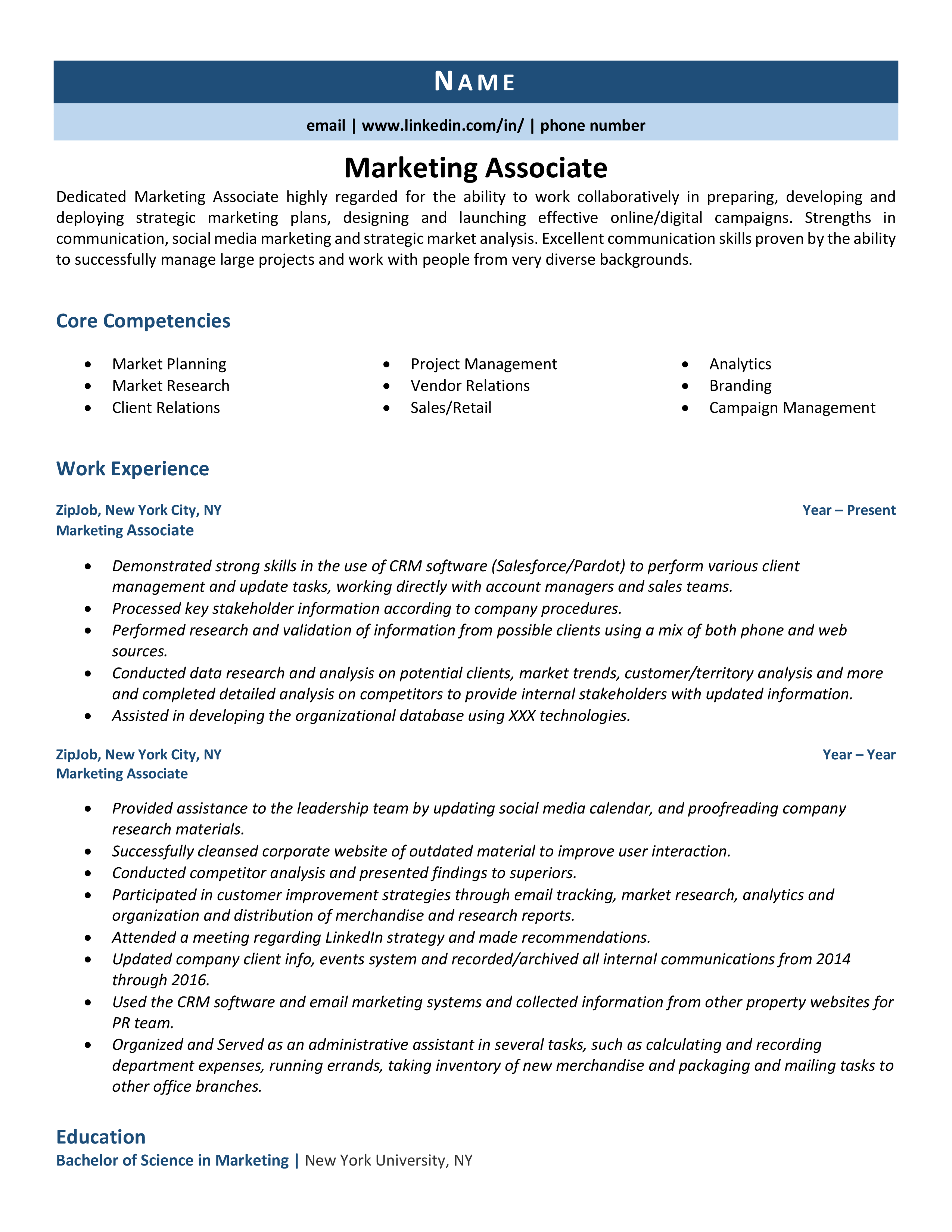 Marketing Associate Resume Example Guide ZipJob   Marketing Associate 