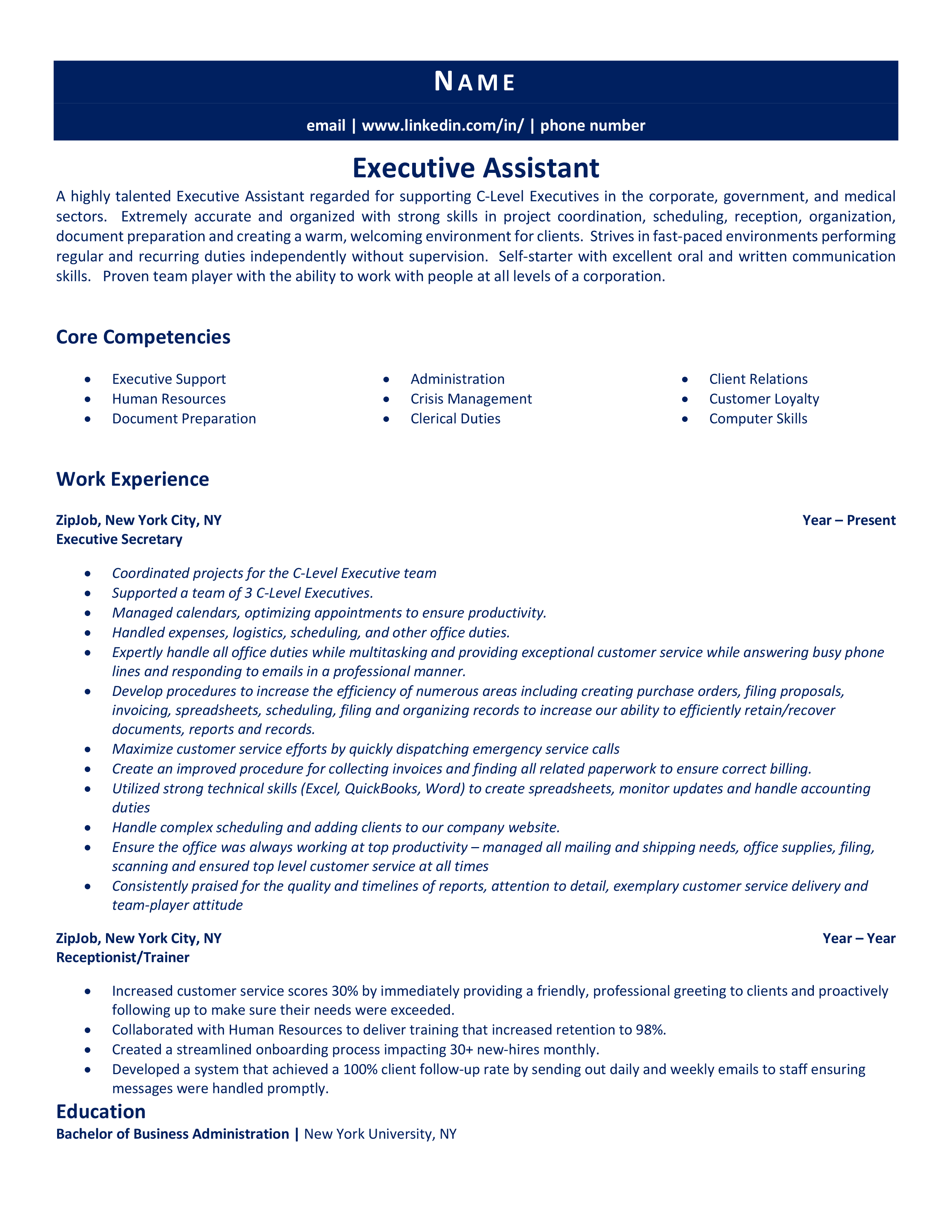 Executive Assistant Resume Example & Guide ZipJob