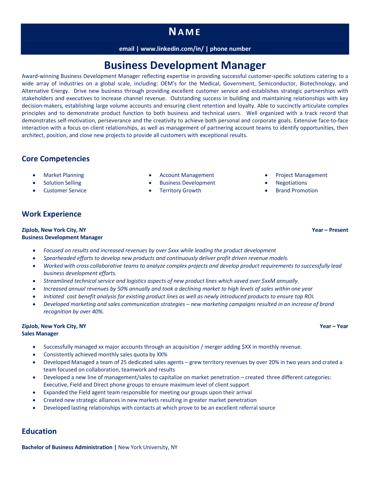 best resume format for business development manager