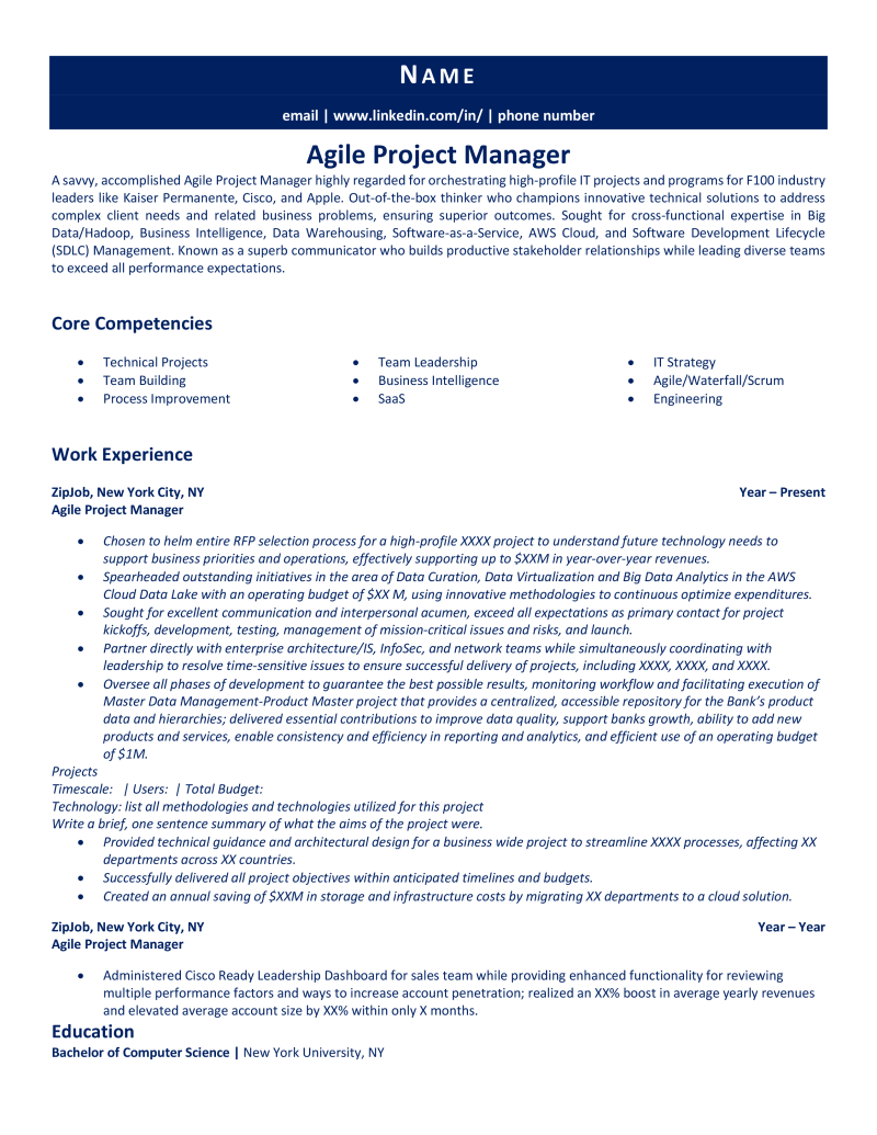 Agile Project Manager Resume Example & Guide ZipJob