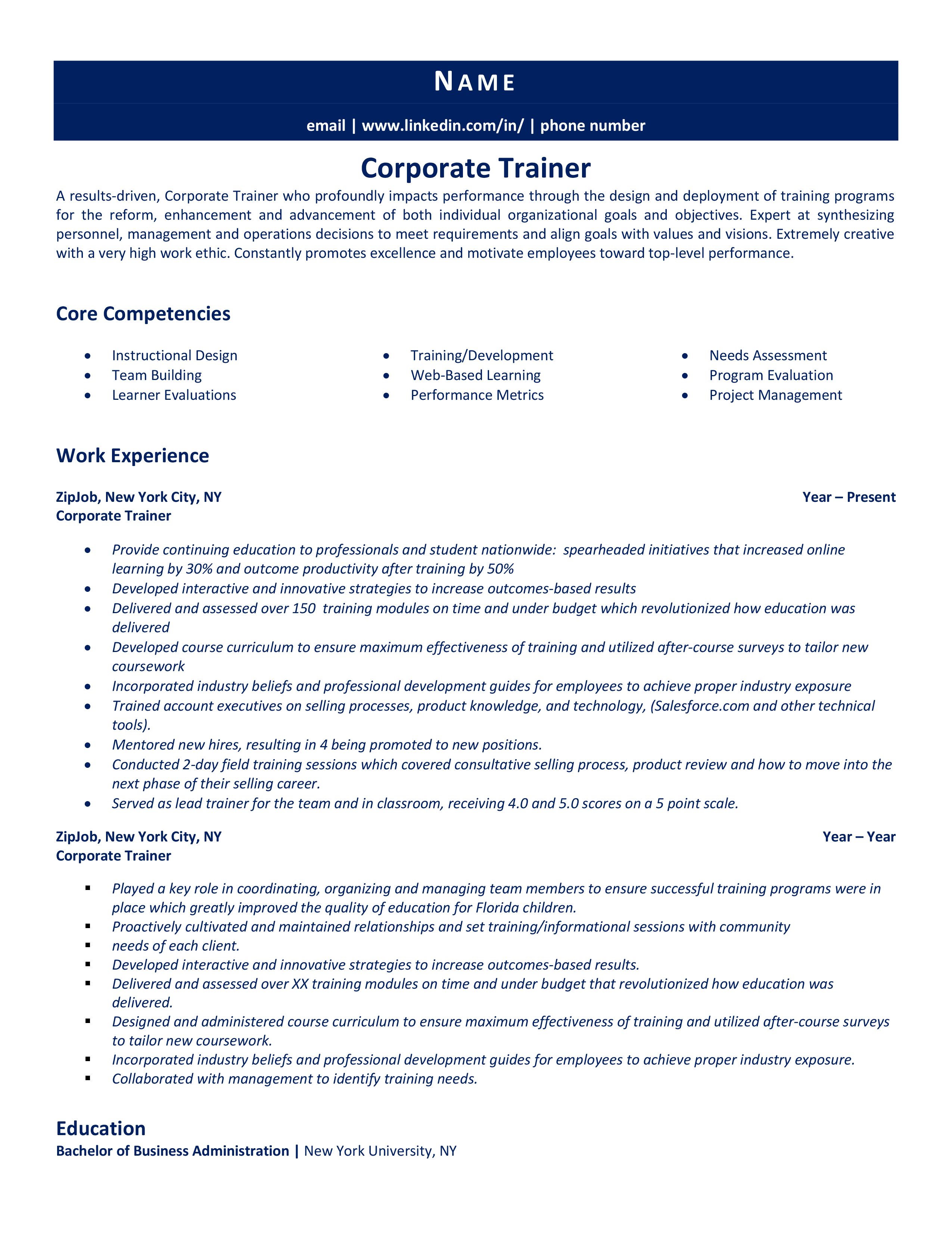 Corporate Trainer Resume Example Tips Tricks ZipJob   Corporate Trainer 