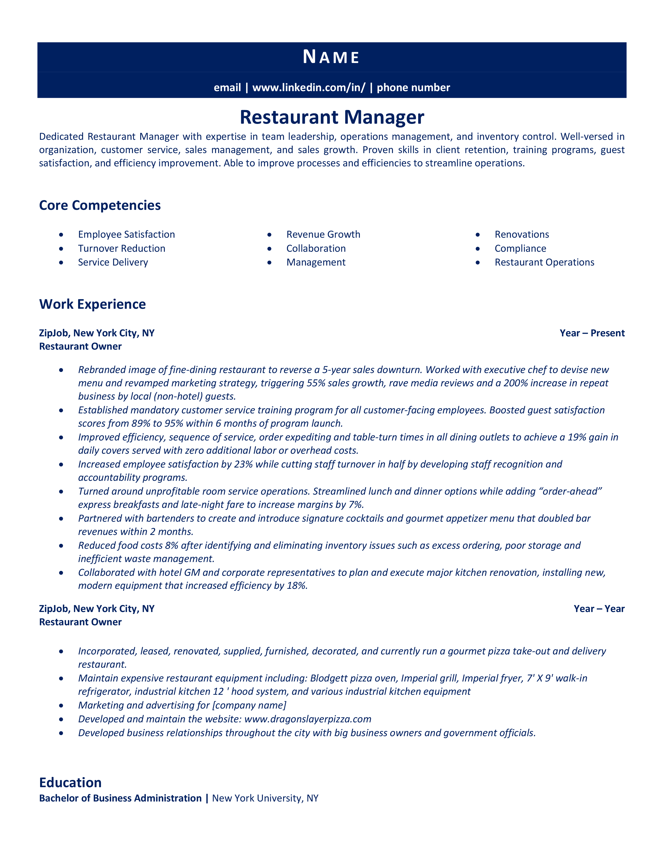 restaurant project manager resume