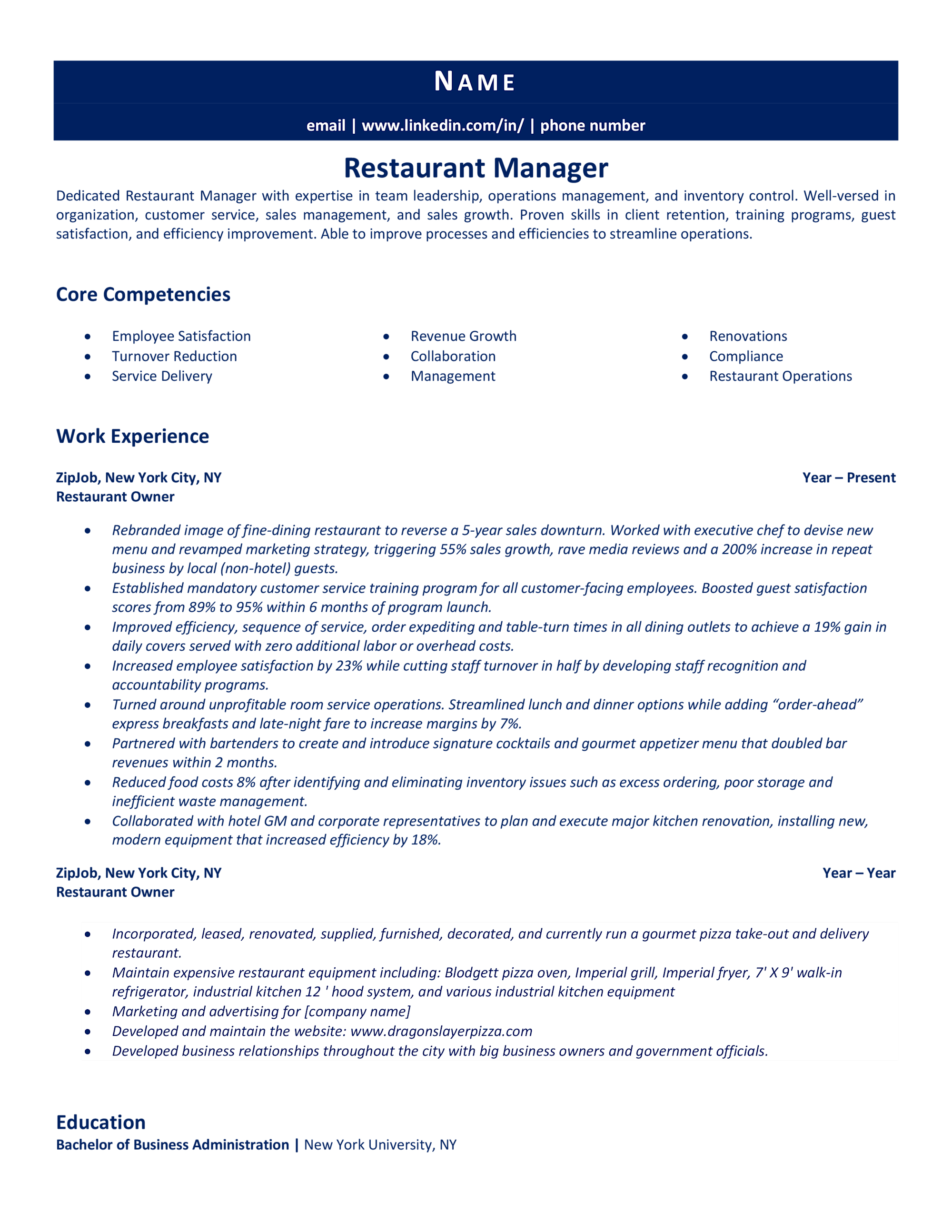 Restaurant Manager Resume Example & Guide ZipJob