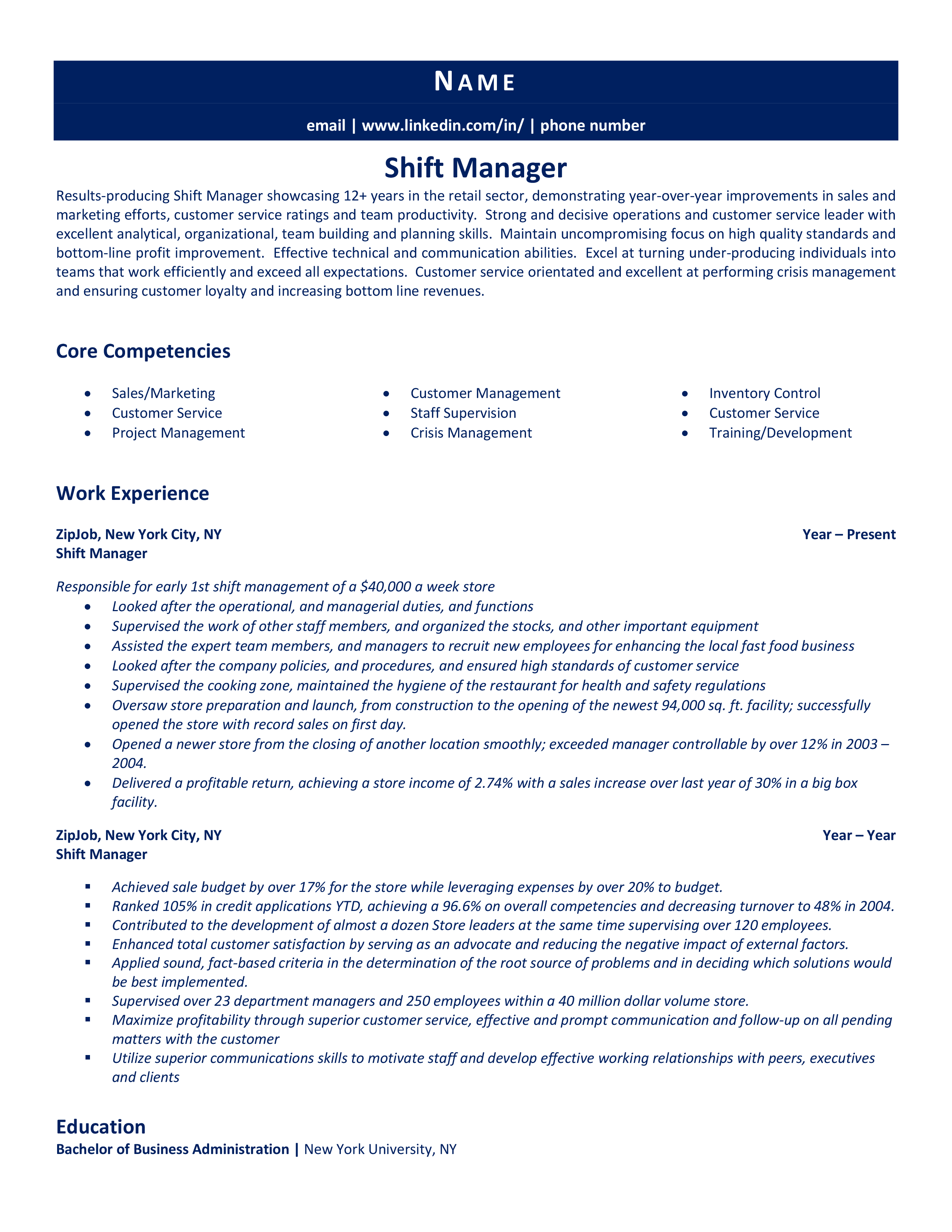 Shift Manager Resume Example & Guide ZipJob
