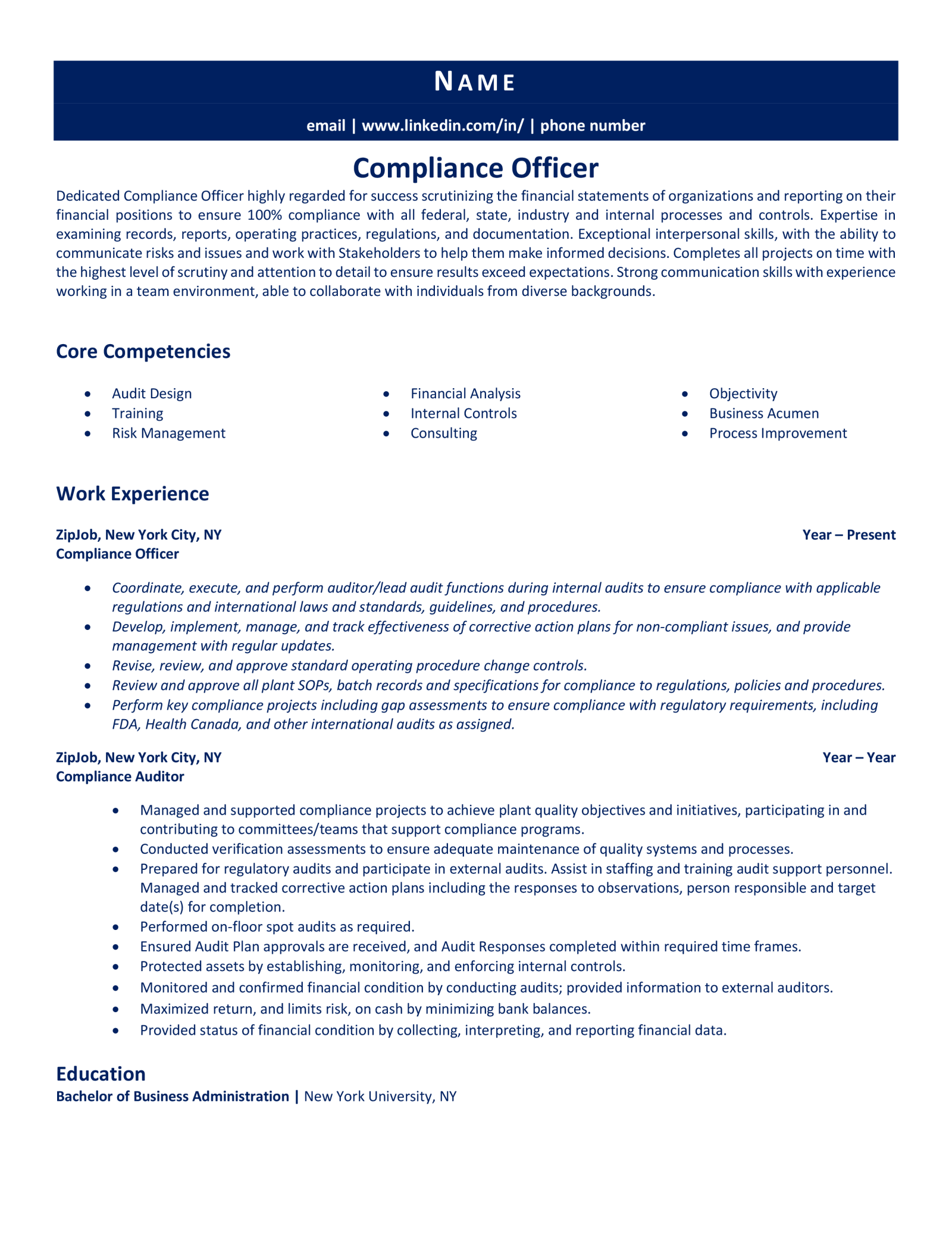 Compliance Officer Resume Example & Guide ZipJob