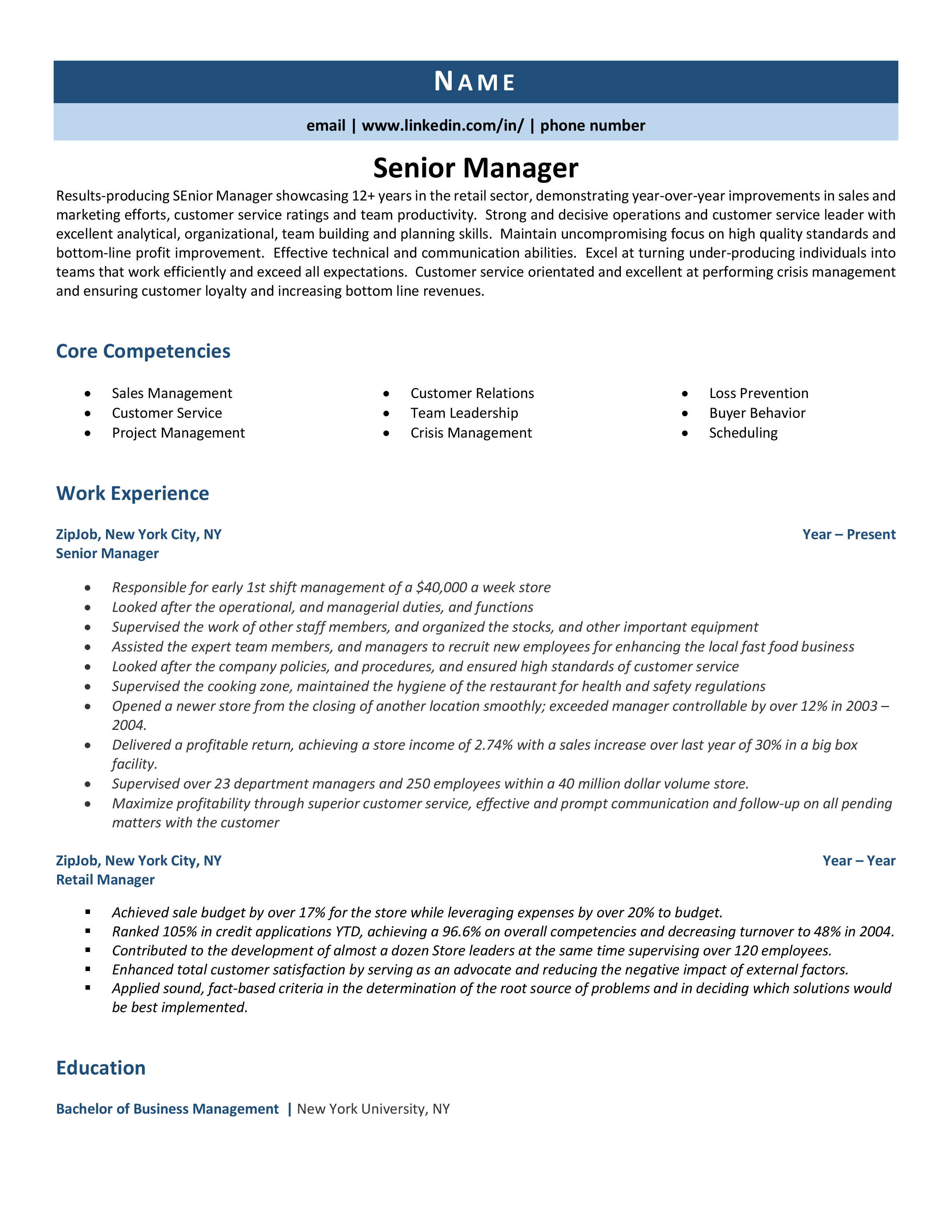 Senior Manager Resume Sample   Senior Manager 