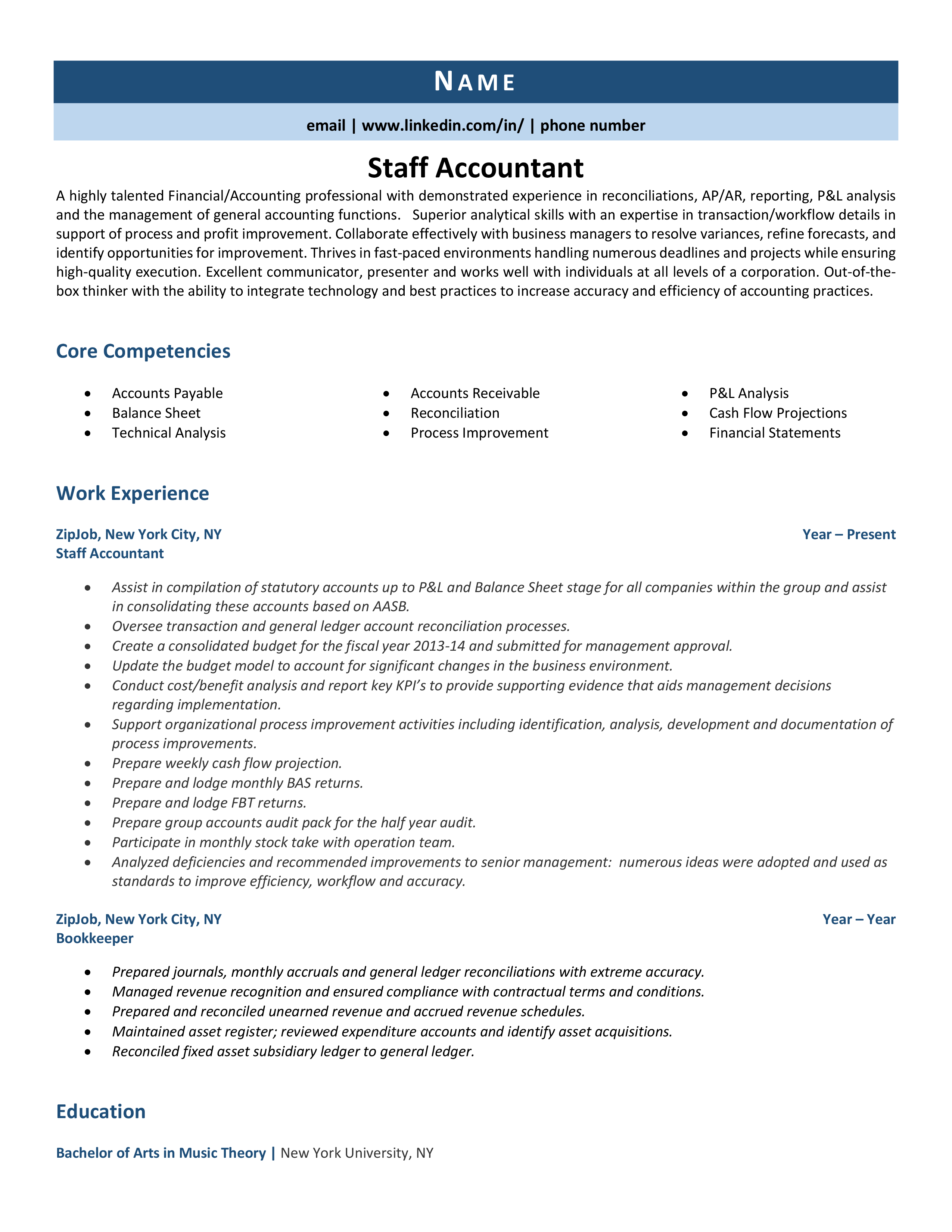 Staff Accountant Resume Example Tips Tricks ZipJob   Staff Accountant 