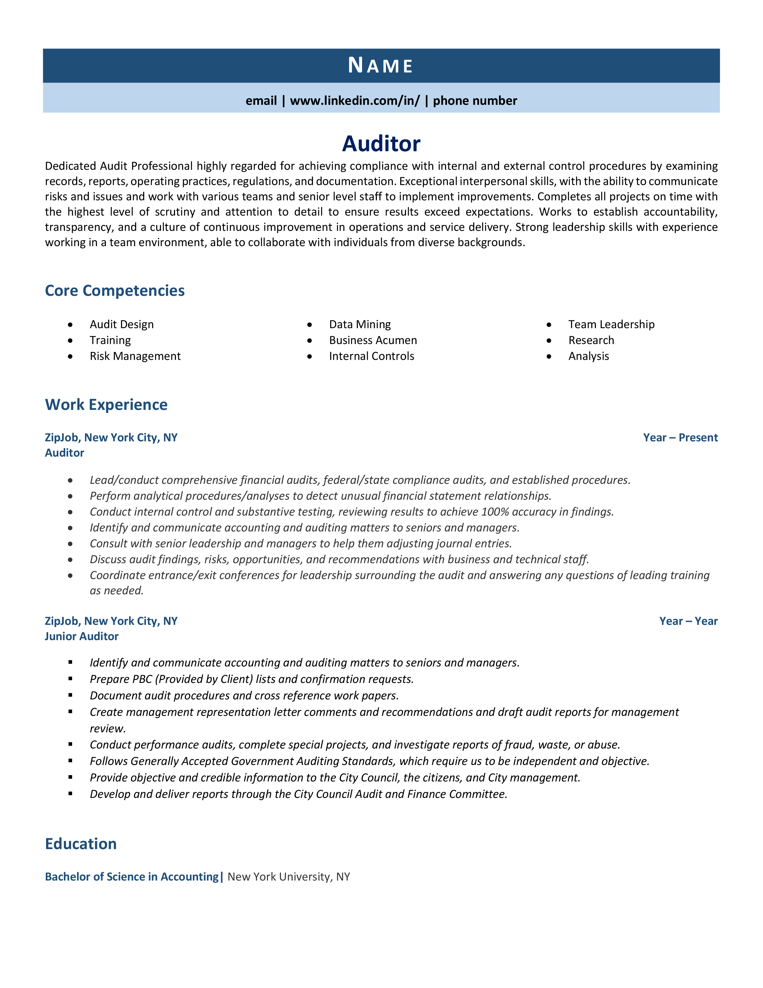 Auditor Resume Example & Guide | ZipJob