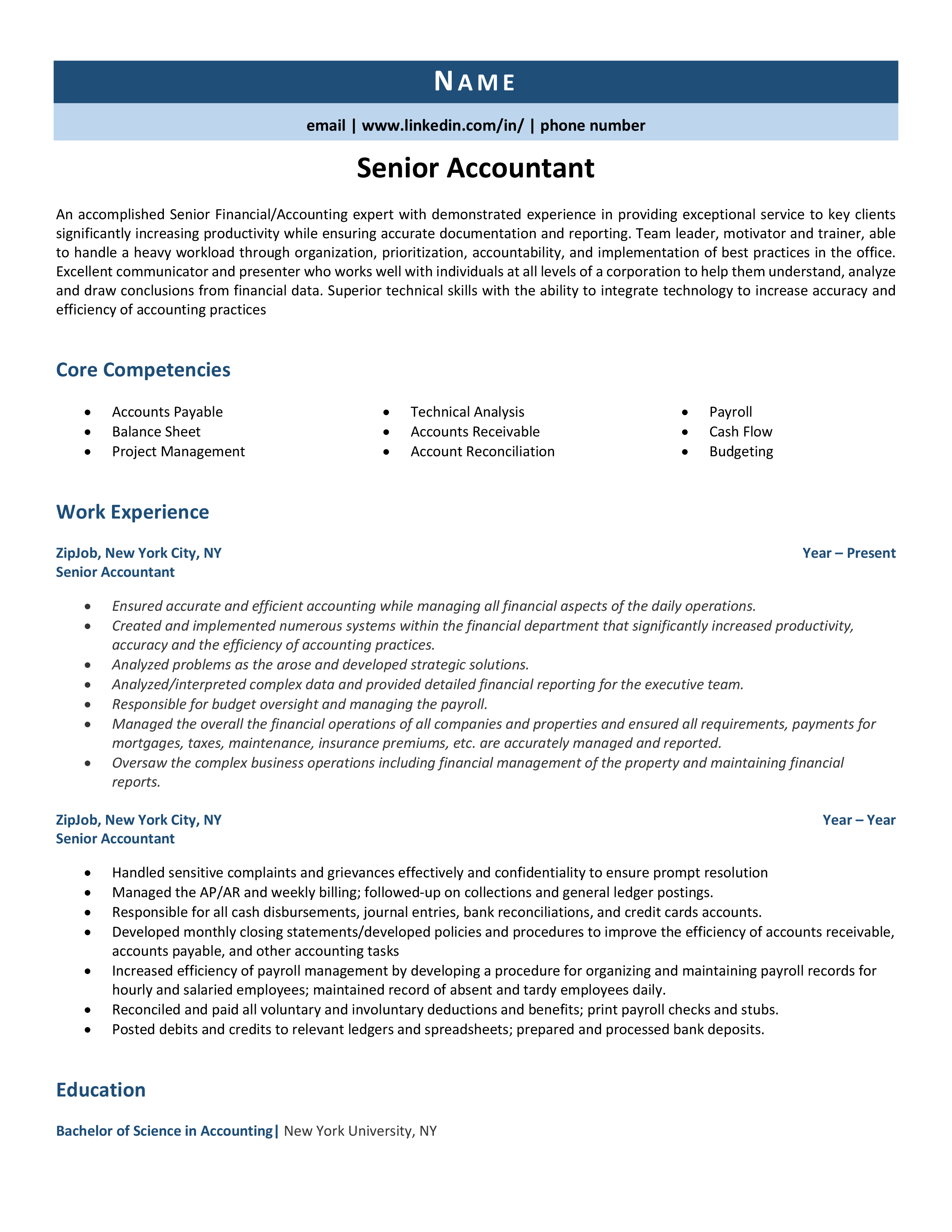 Senior Accountant Resume Example, Tips, & Tricks | ZipJob