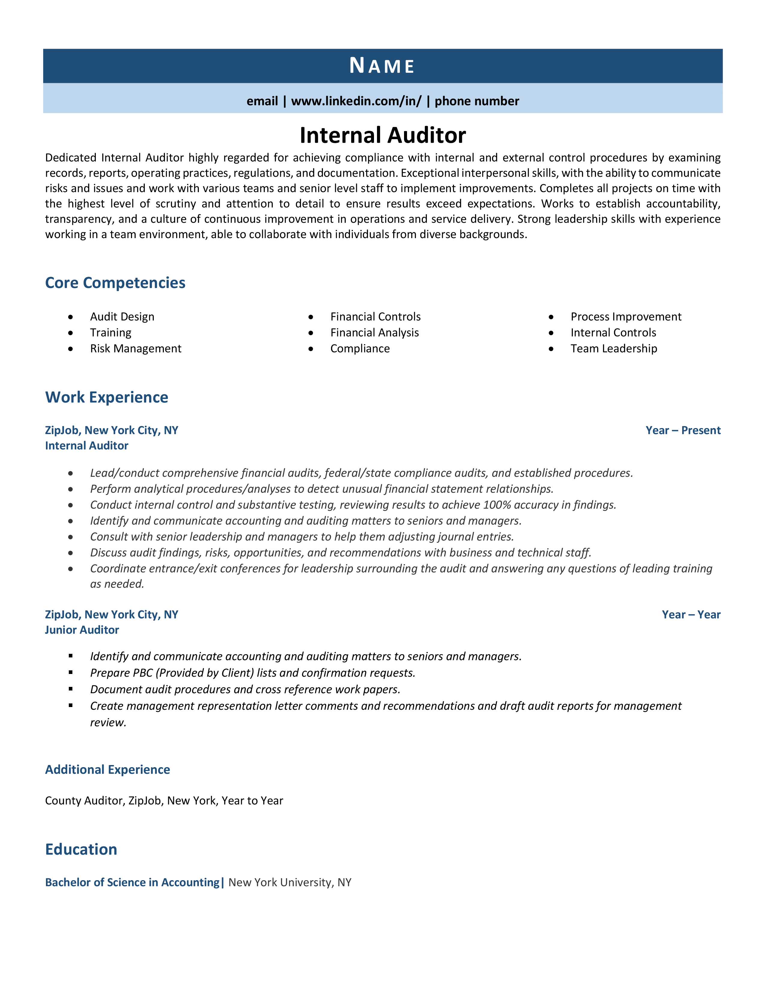 Internal Auditor Resume Example & Guide | ZipJob