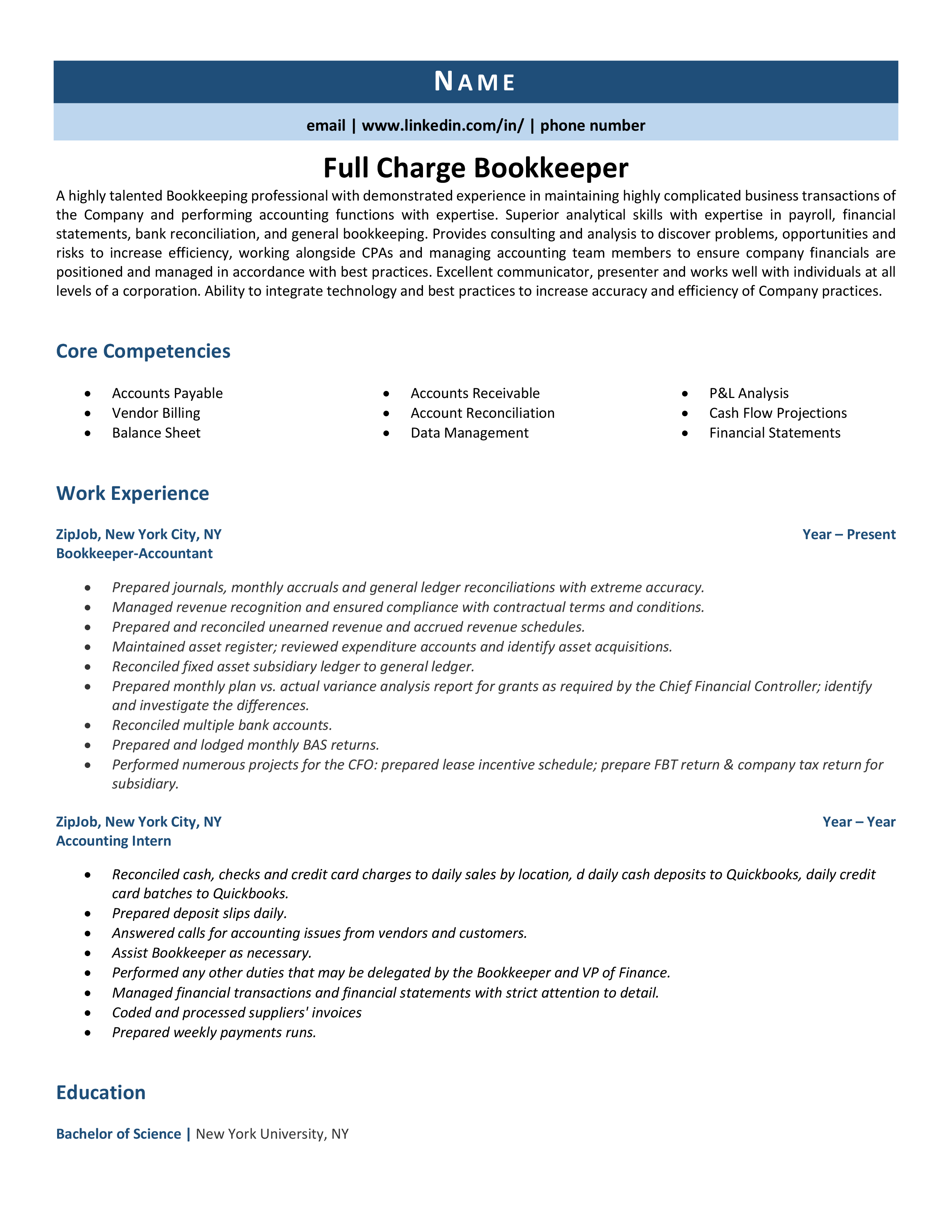 full charge bookkeeper resume