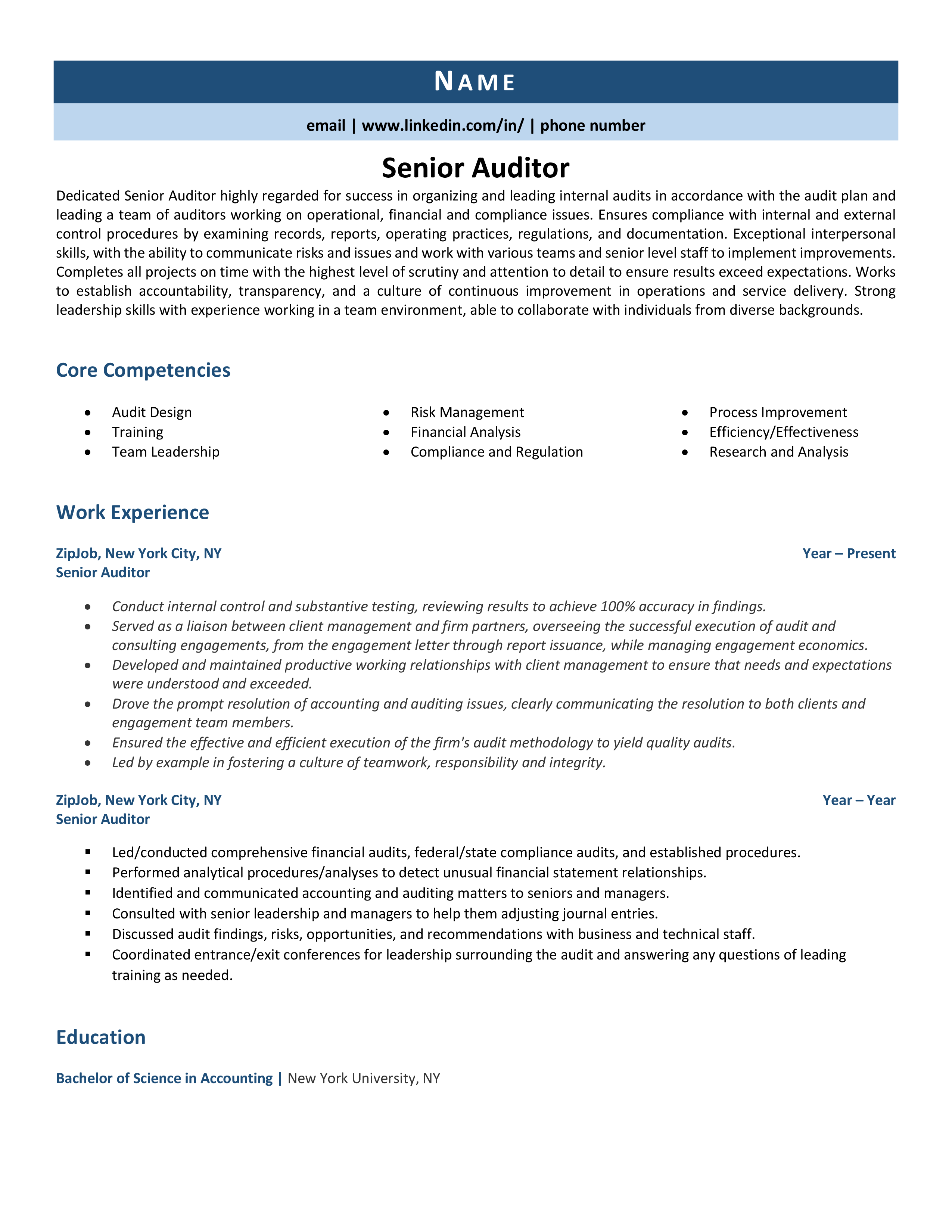 Senior Auditor Resume Example Tips Tricks ZipJob   Senior Auditor 