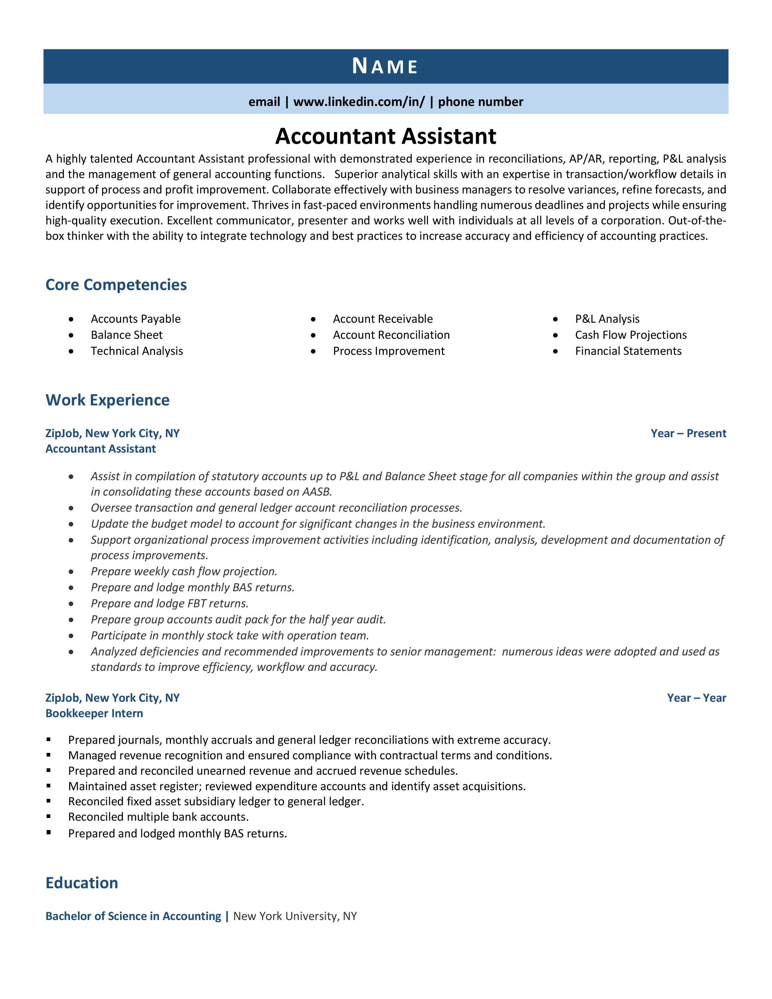 Accountant Assistant Resume Example Guide ZipJob   Accountant Assistant 