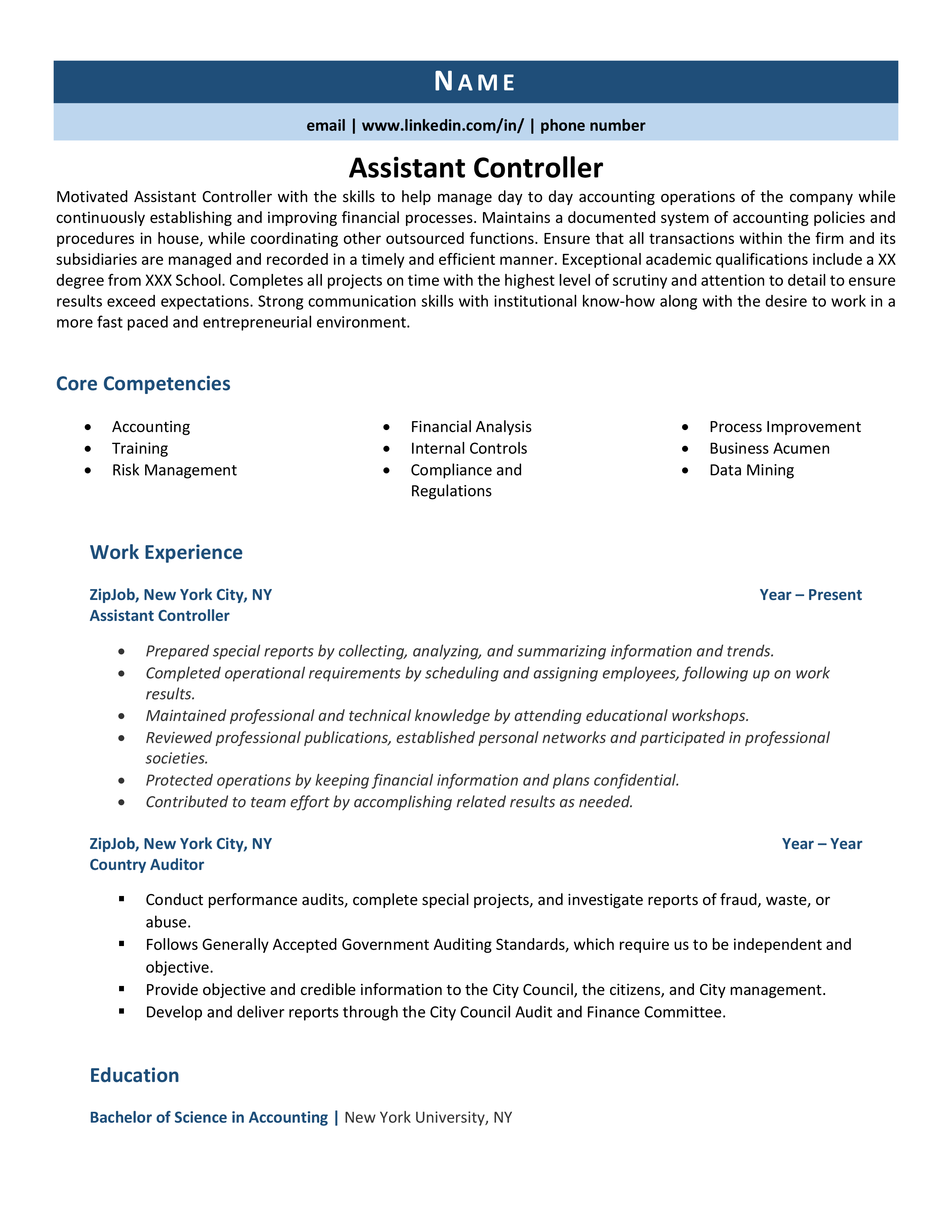 Assistant Controller Resume Example Guide ZipJob   Assistant Controller 