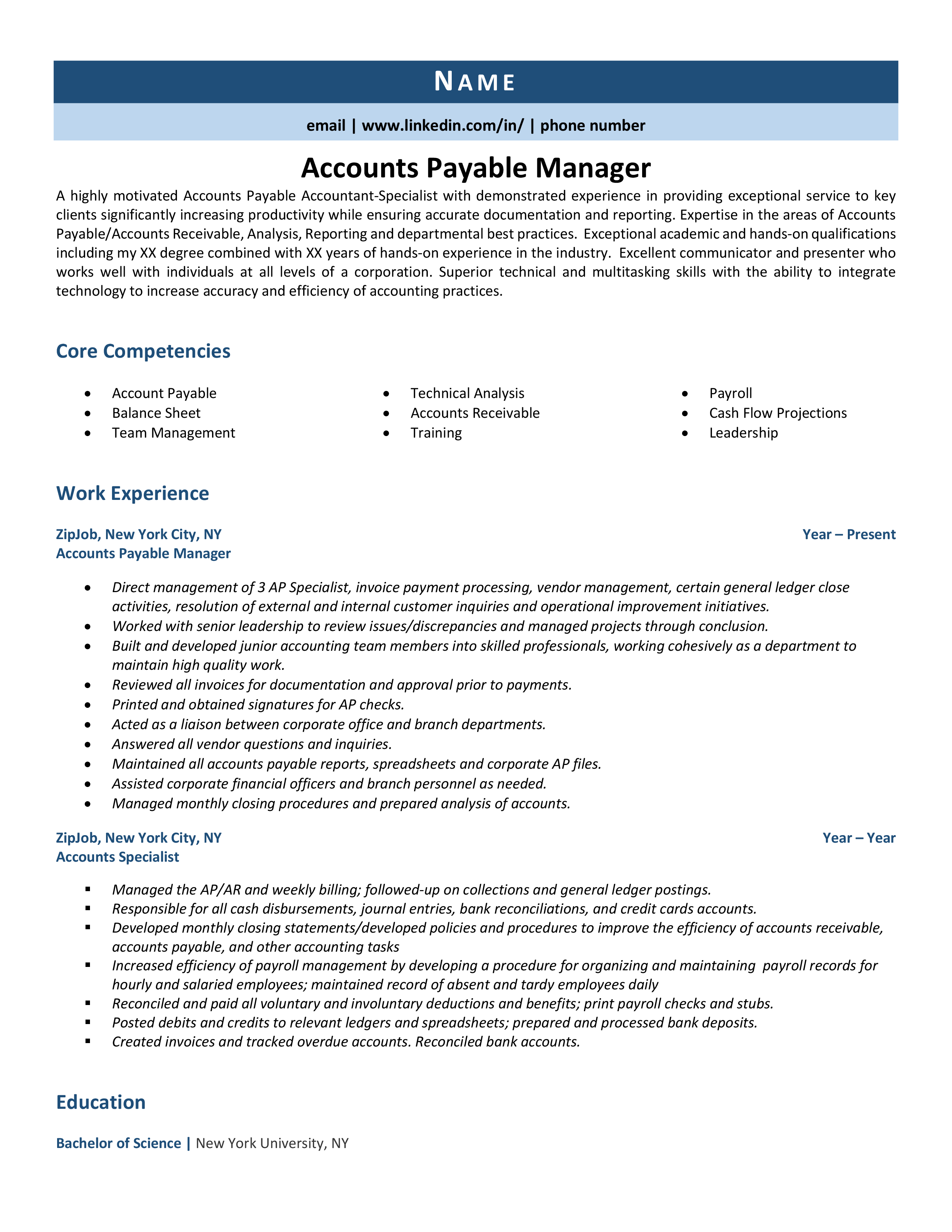 Accounts Payable Manager Resume Example Tips Tricks ZipJob   Accounts Payable Manager 